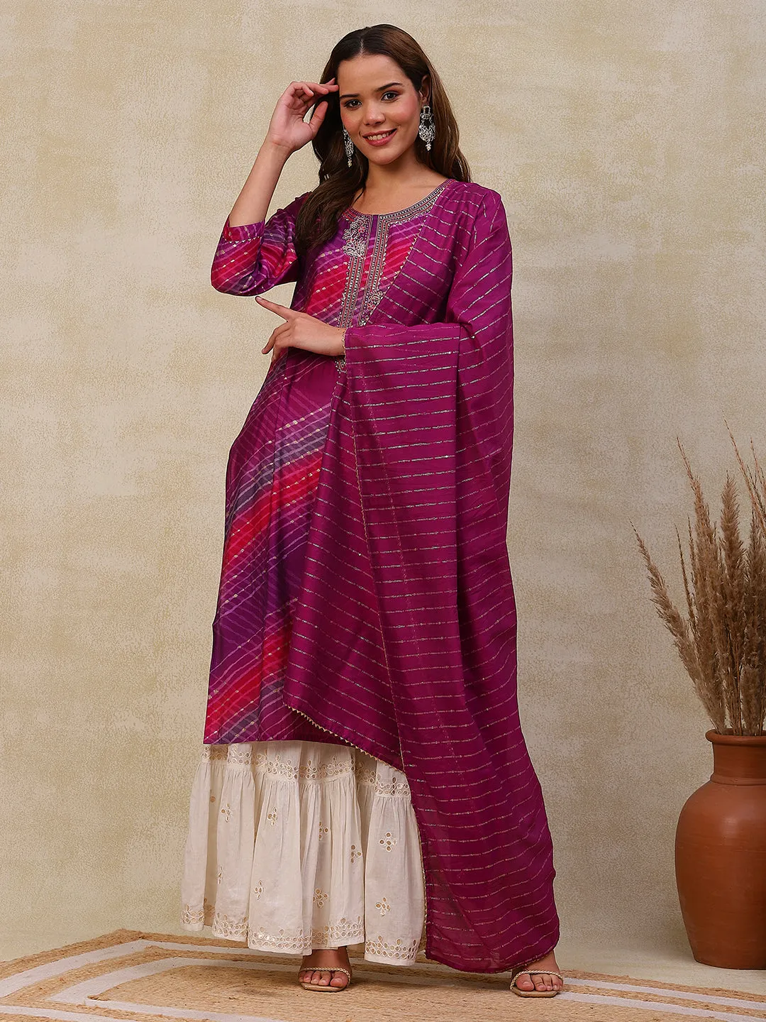 Abstract Printed Zari & Sequins Embroidered Kurta with Sequined Dupatta - Purple