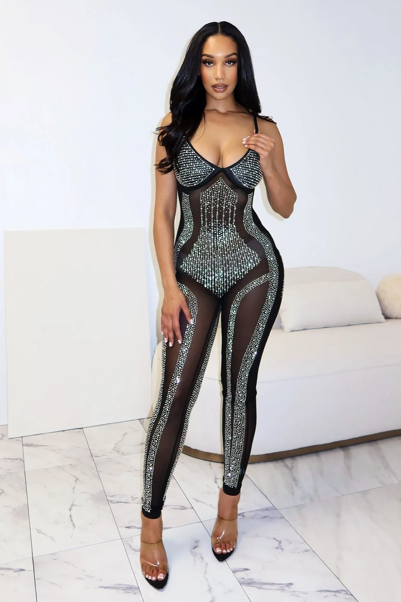 Act Up Rhinestone Sheer Mesh Jumpsuit