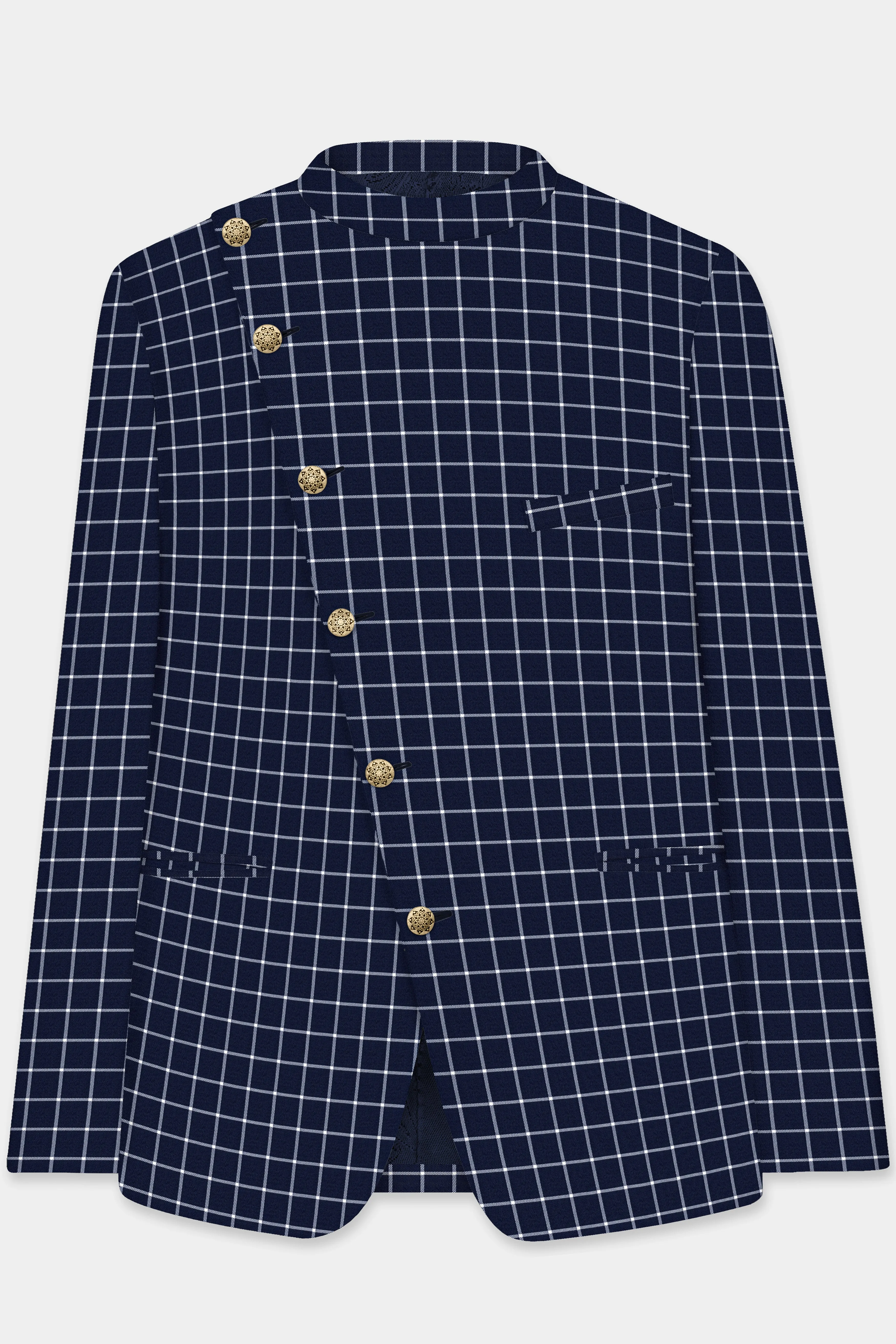 Admiral Blue and White Windowpane Wool Rich Cross Placket Bandhgala Blazer