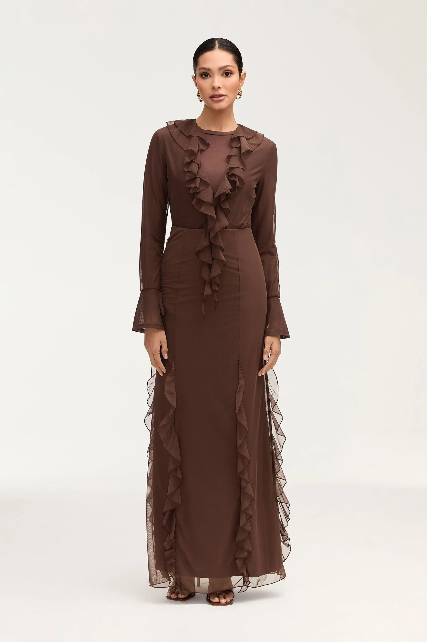 Adriana Waterfall Mesh Maxi Skirt - Brown