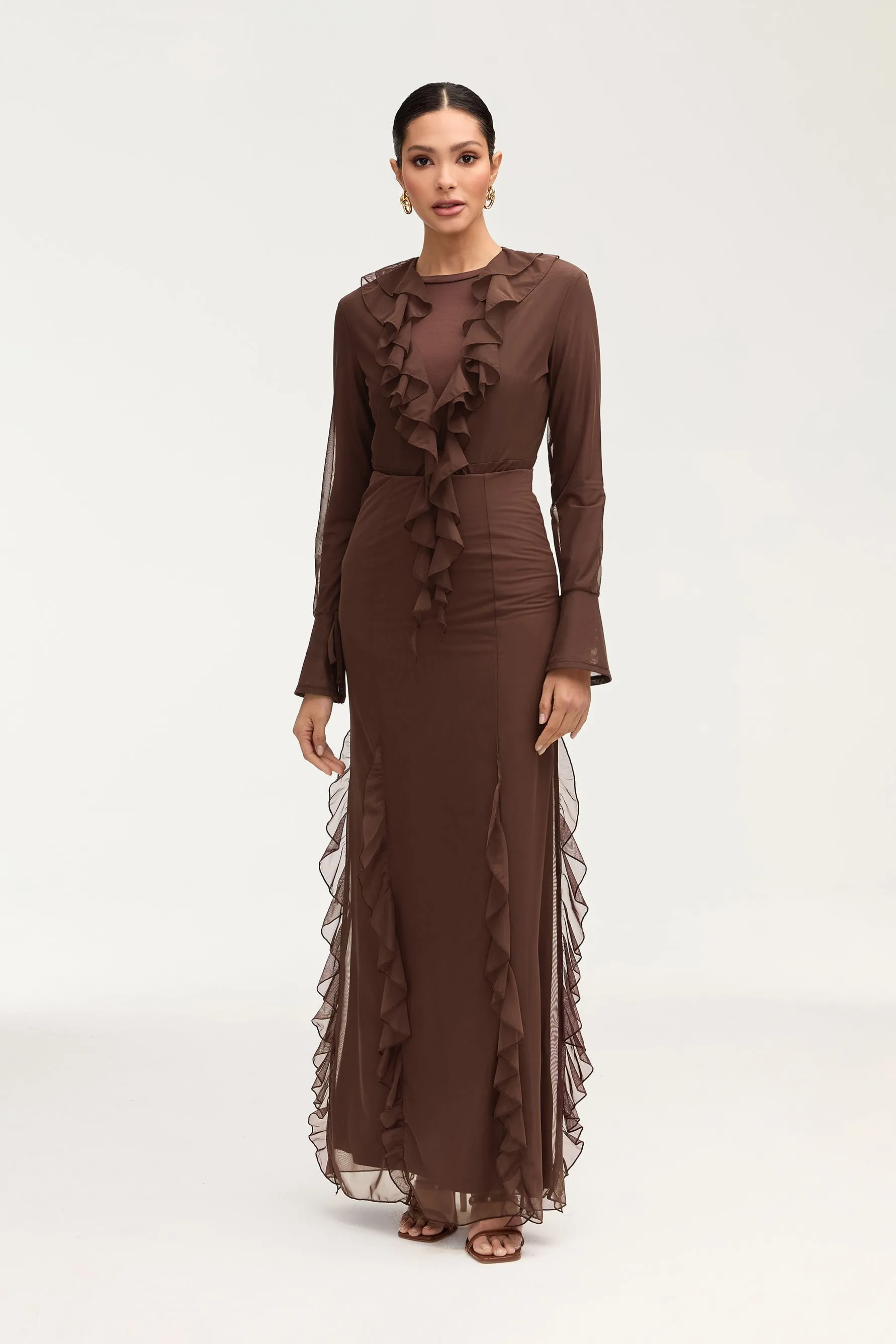 Adriana Waterfall Mesh Maxi Skirt - Brown