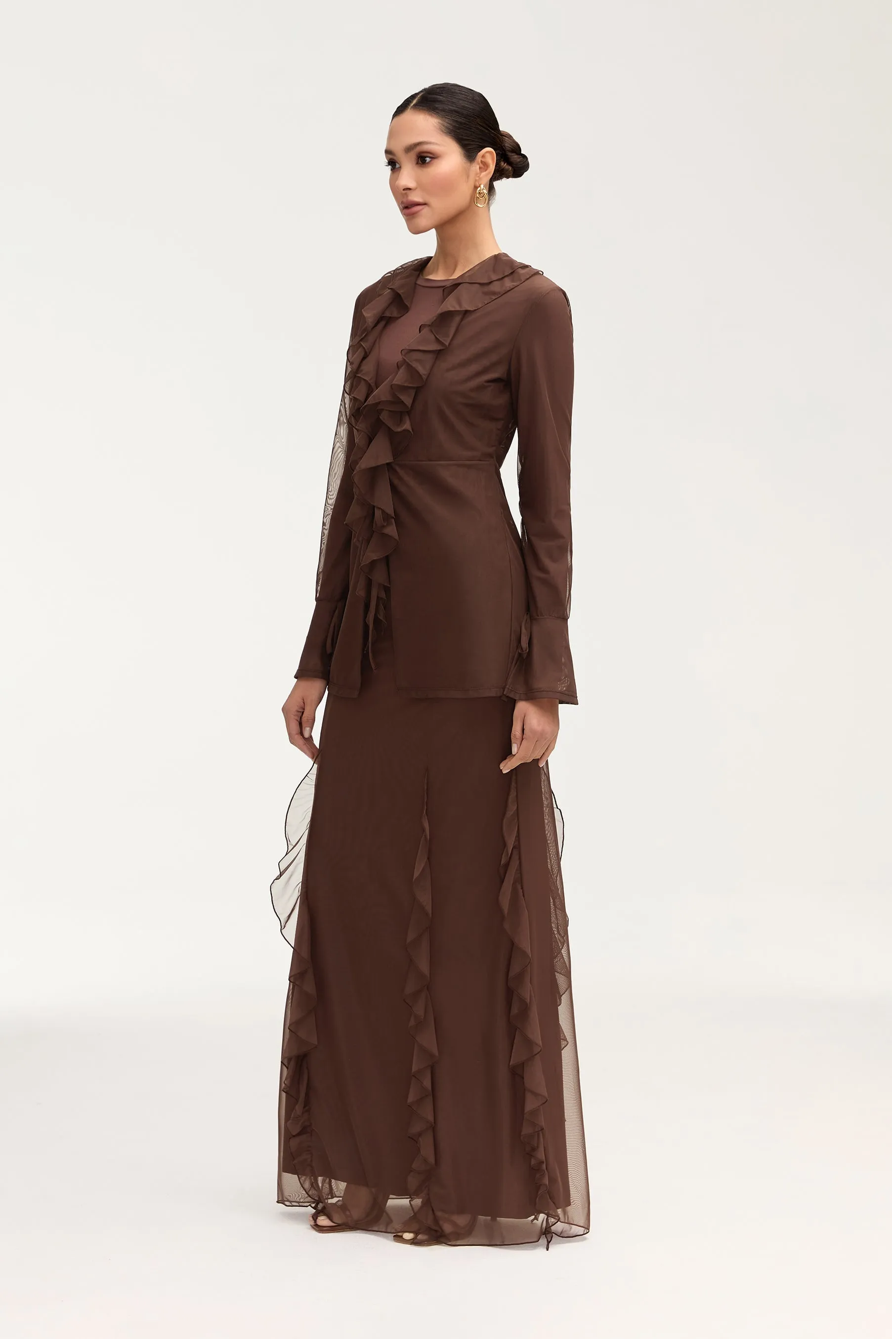 Adriana Waterfall Mesh Maxi Skirt - Brown