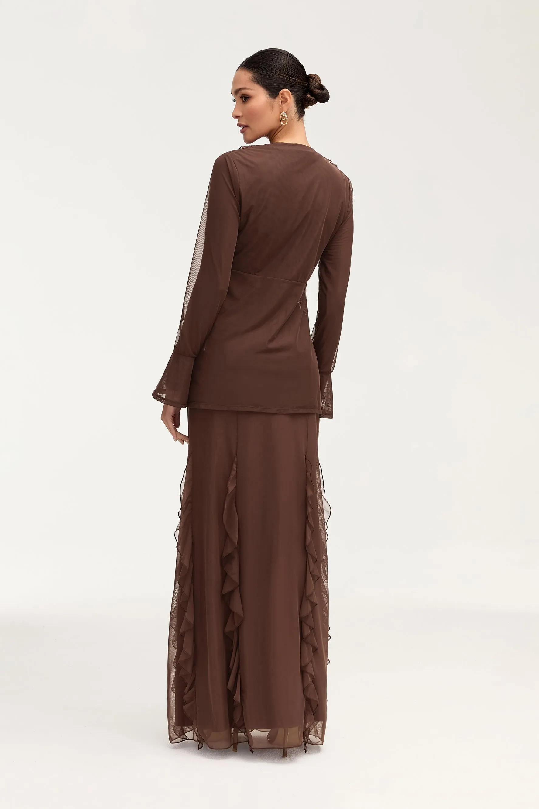 Adriana Waterfall Mesh Maxi Skirt - Brown