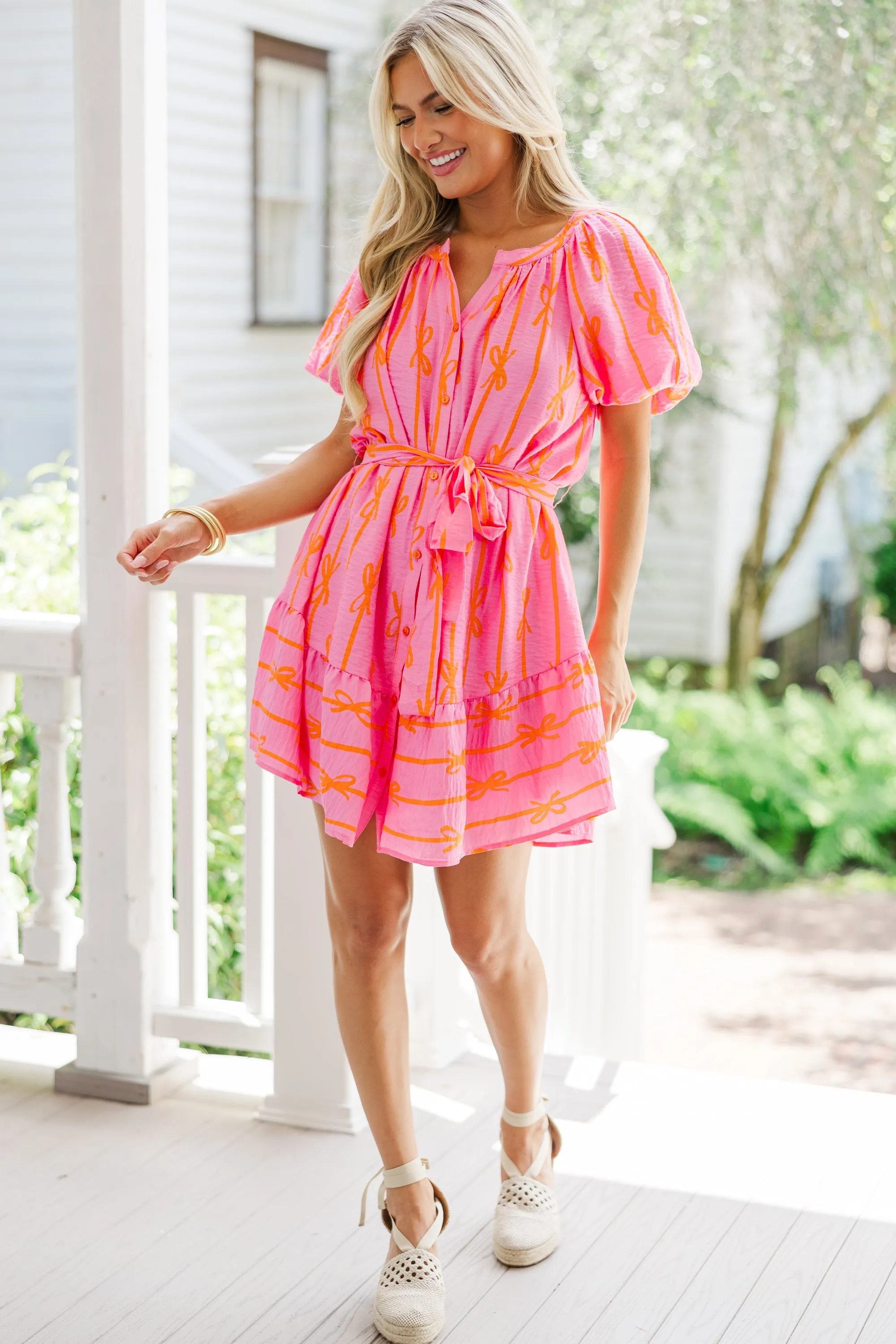 All Tied Up Bubblegum Pink Bow Print Dress