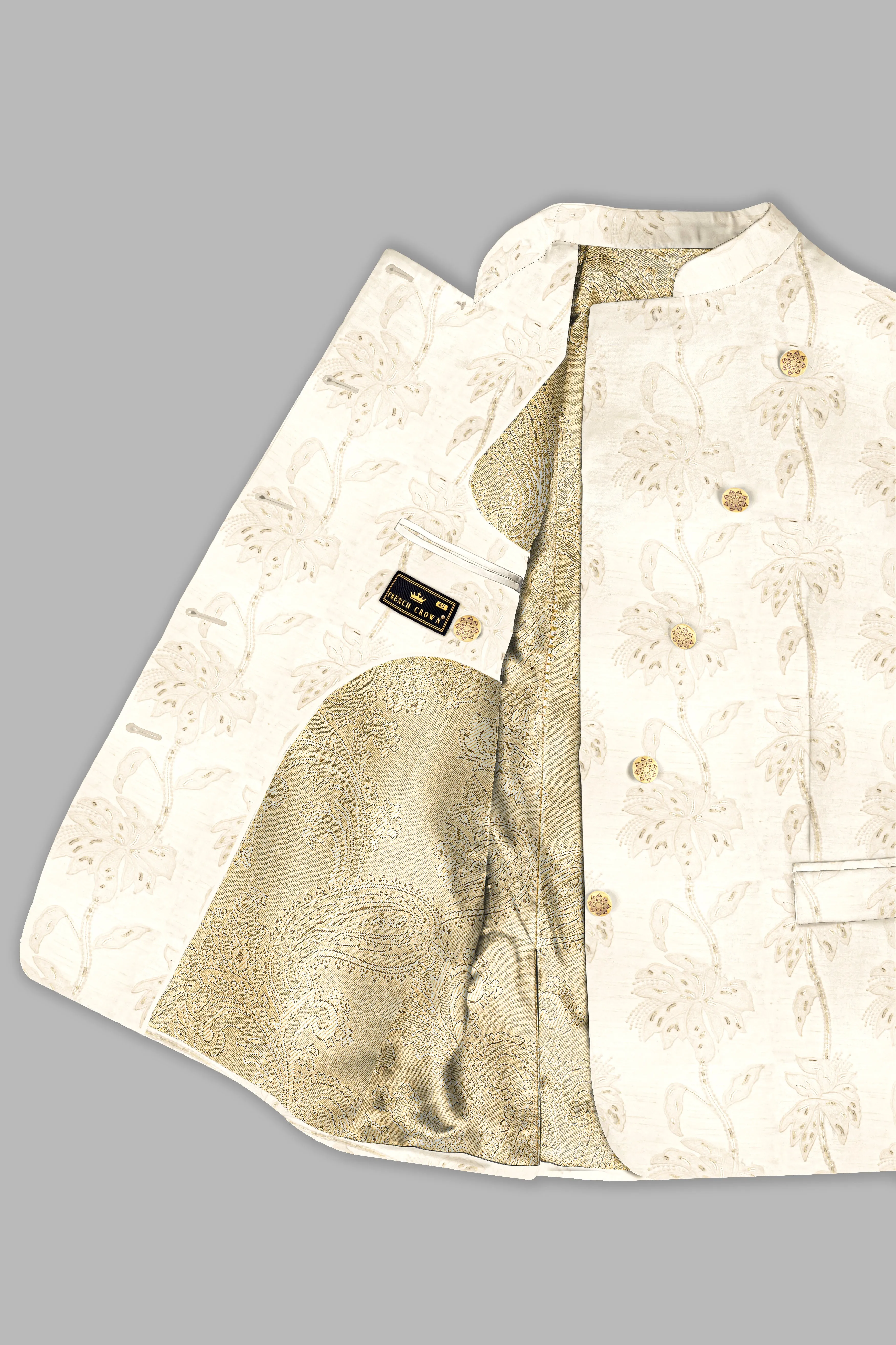 Almond Cream Designer Sequin And Thread Embroidered Cross Placket Bandhgala Jodhpuri