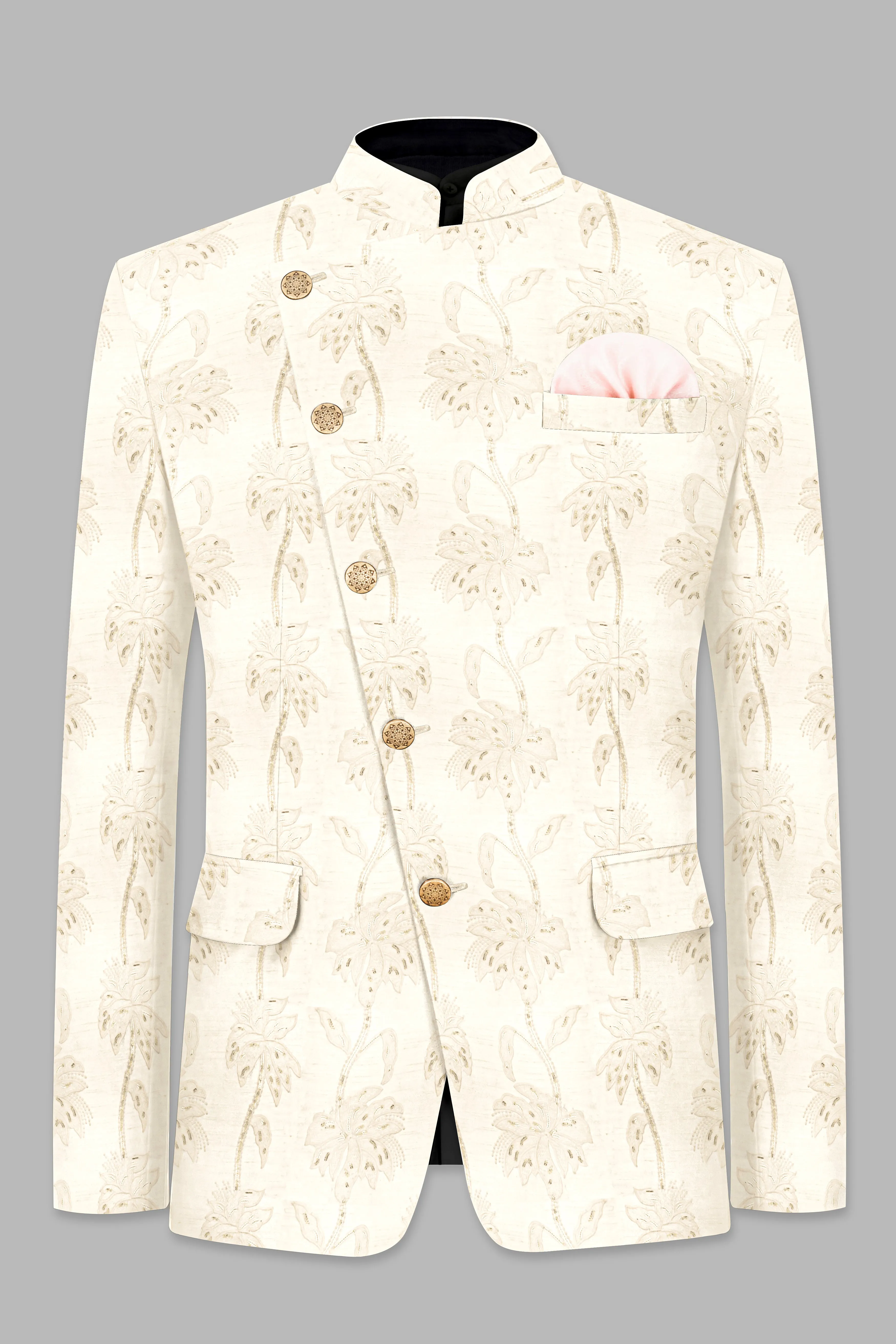 Almond Cream Designer Sequin And Thread Embroidered Cross Placket Bandhgala Jodhpuri