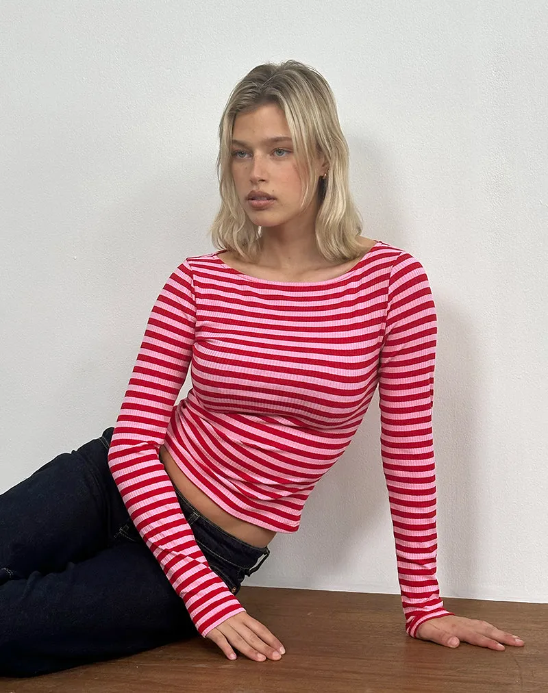 Amabon Top in Pink and Red Stripe