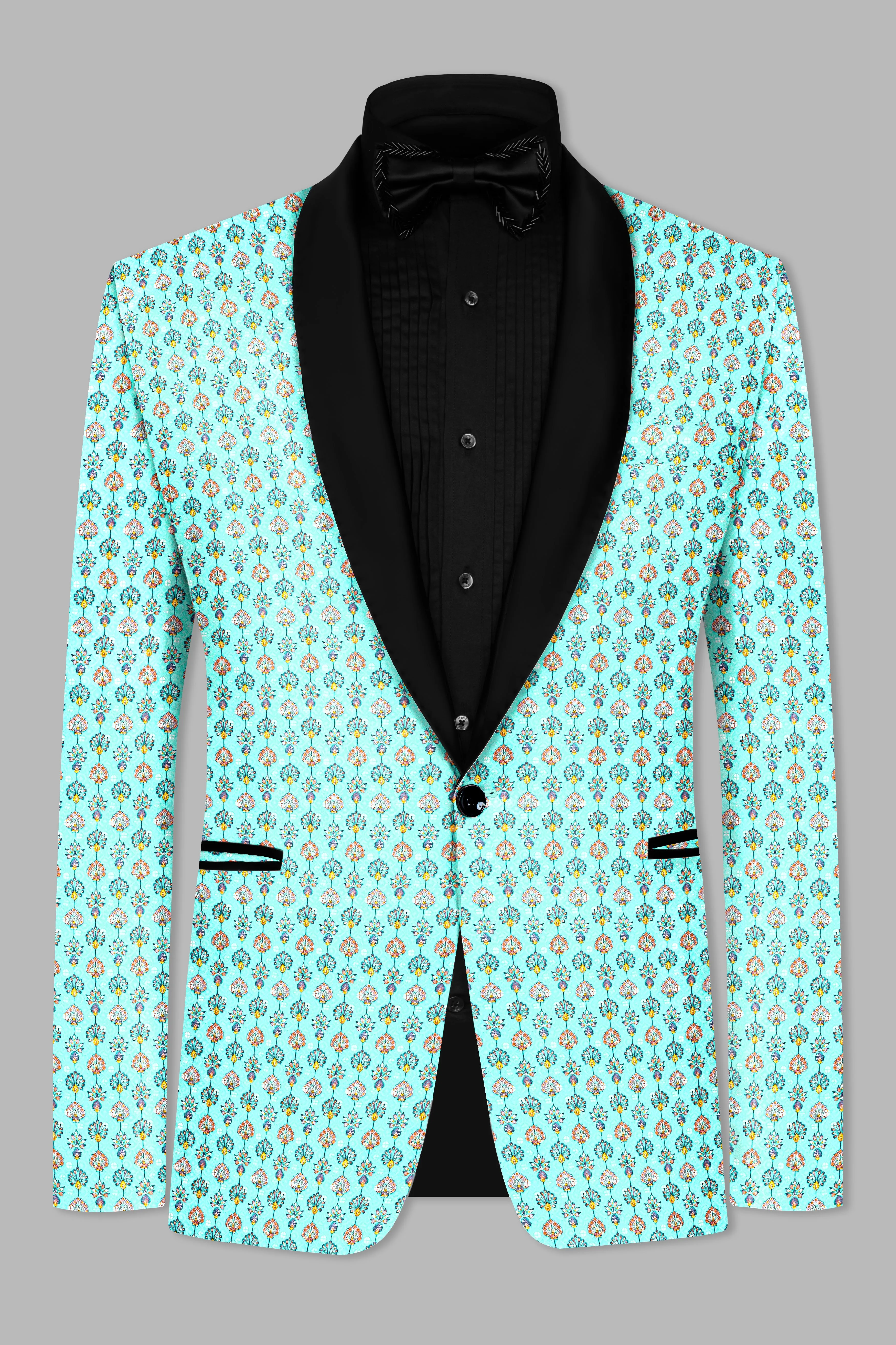 Aquamarine Blue And Tangerine Peach Designer Thread Embroidered Tuxedo Blazer