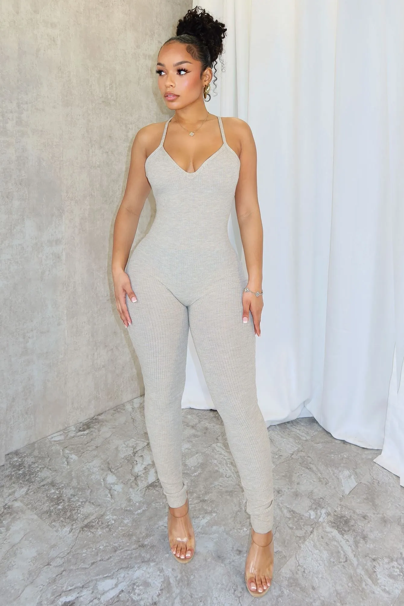 Archives Ribbed Open Back Jumpsuit