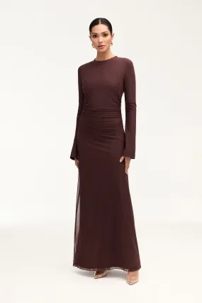 Arianna Rouched Mesh Maxi Dress - Espresso