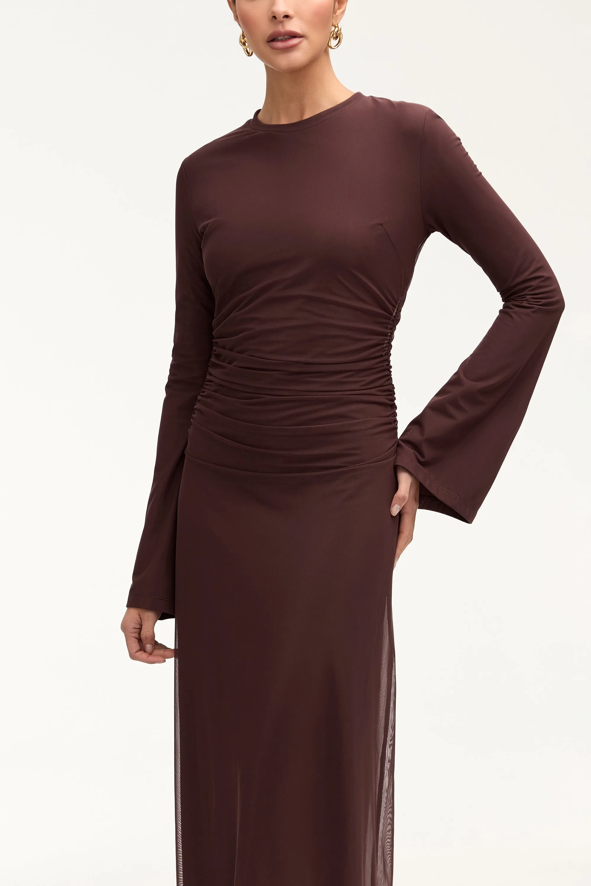 Arianna Rouched Mesh Maxi Dress - Espresso