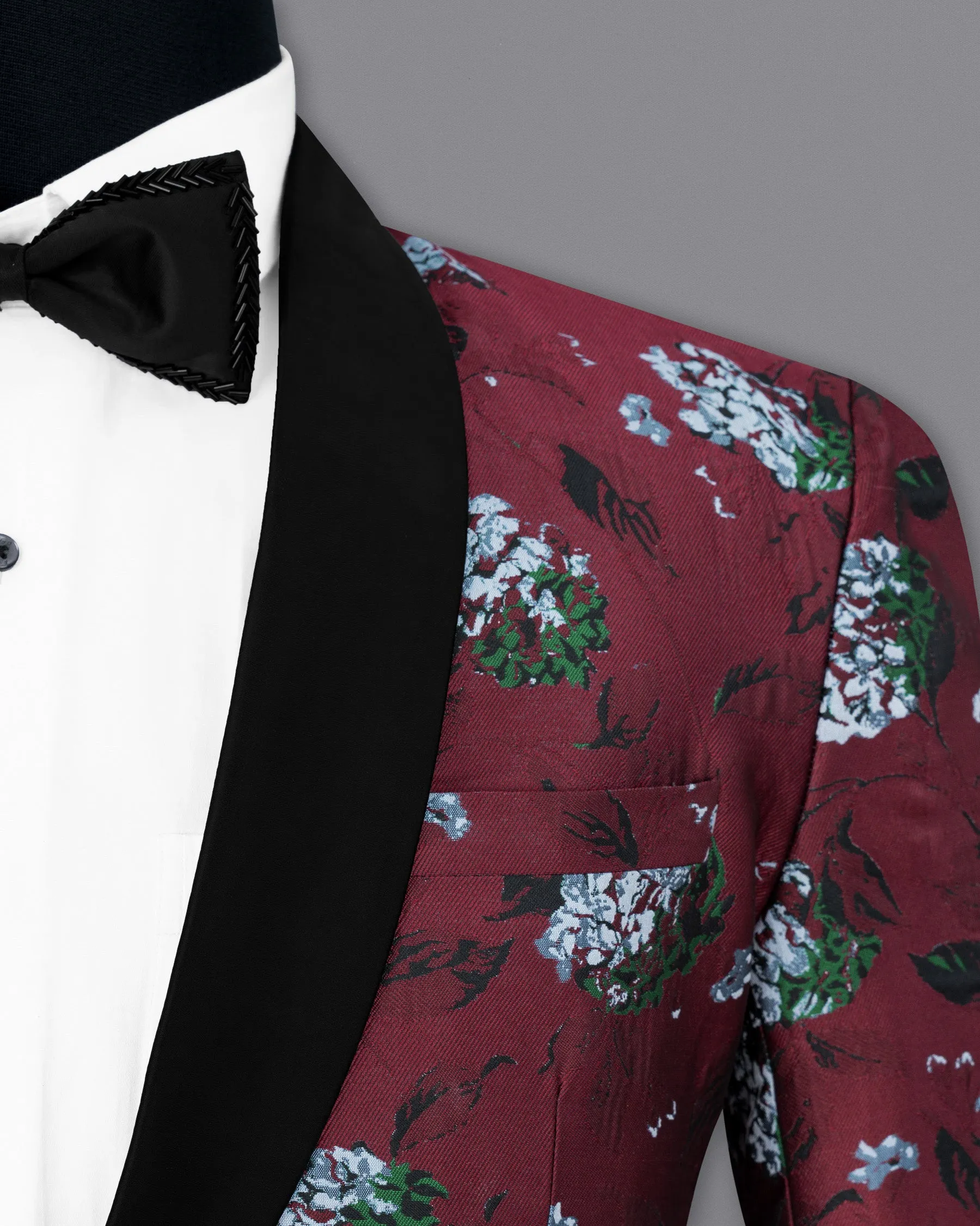 Aubergine Floral Printed and Textured Tuxedo Blazer