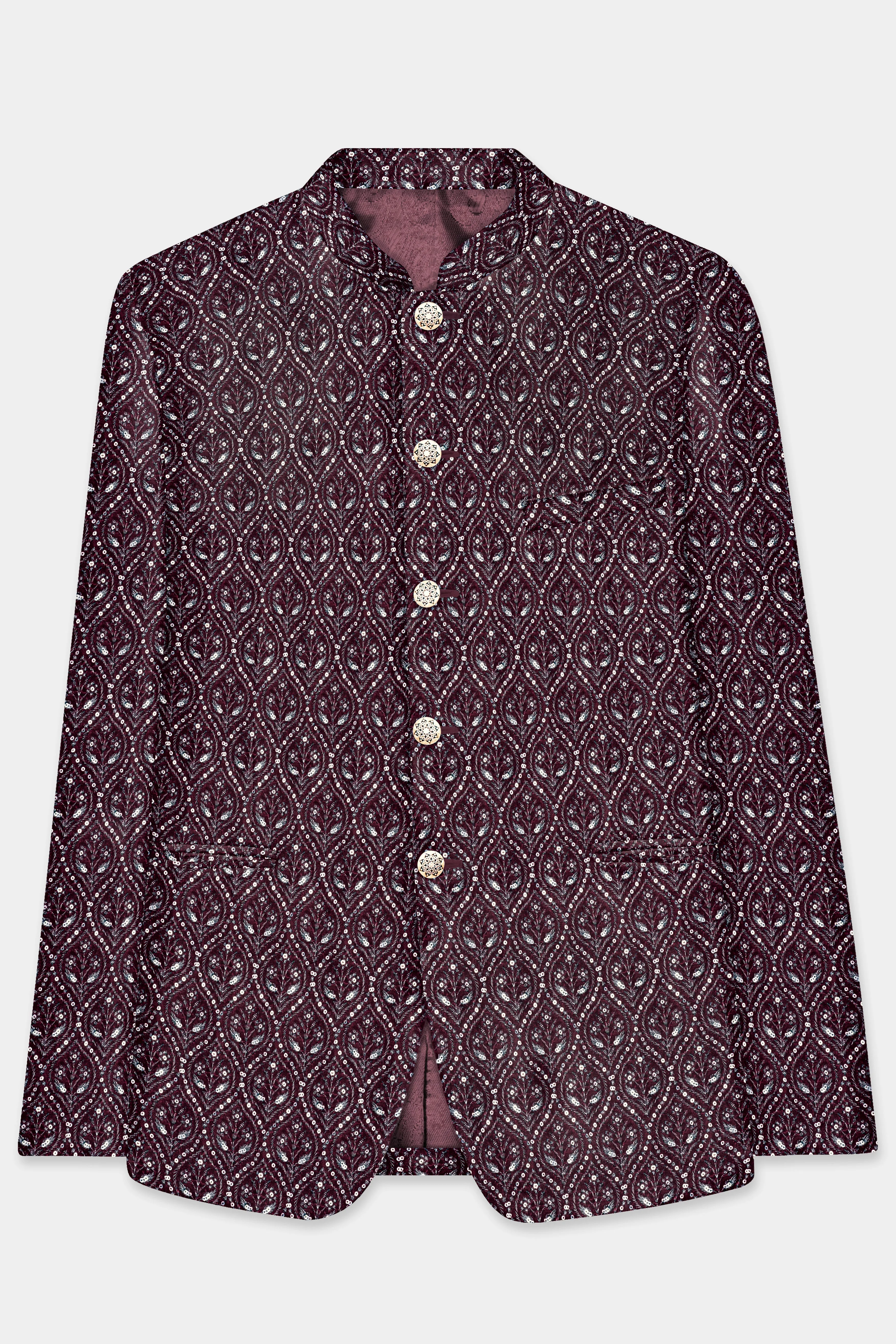 Aubergine Maroon With Sequins And Thread Embroidered Bandhgala Jodhpuri