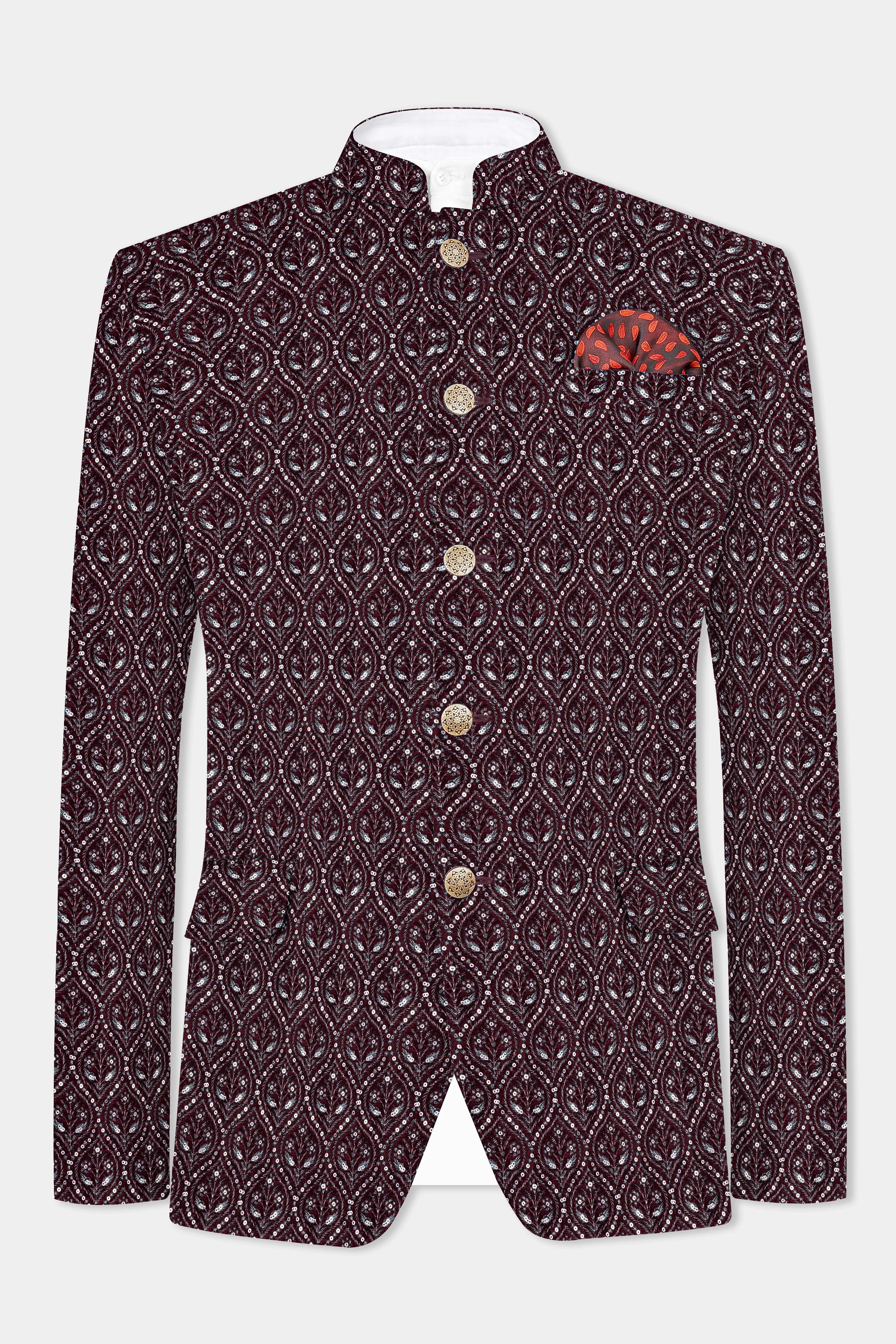 Aubergine Maroon With Sequins And Thread Embroidered Bandhgala Jodhpuri