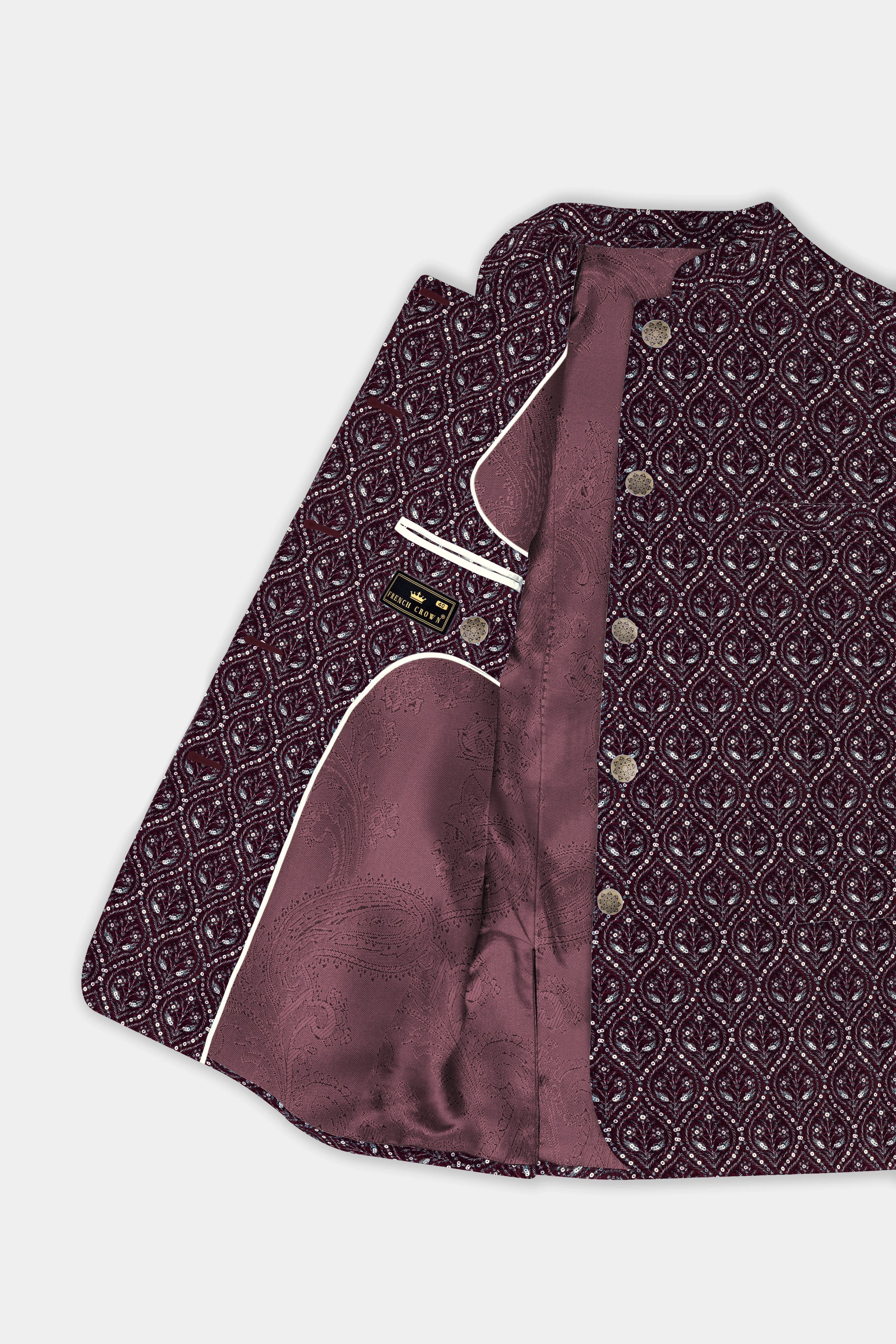 Aubergine Maroon With Sequins And Thread Embroidered Bandhgala Jodhpuri