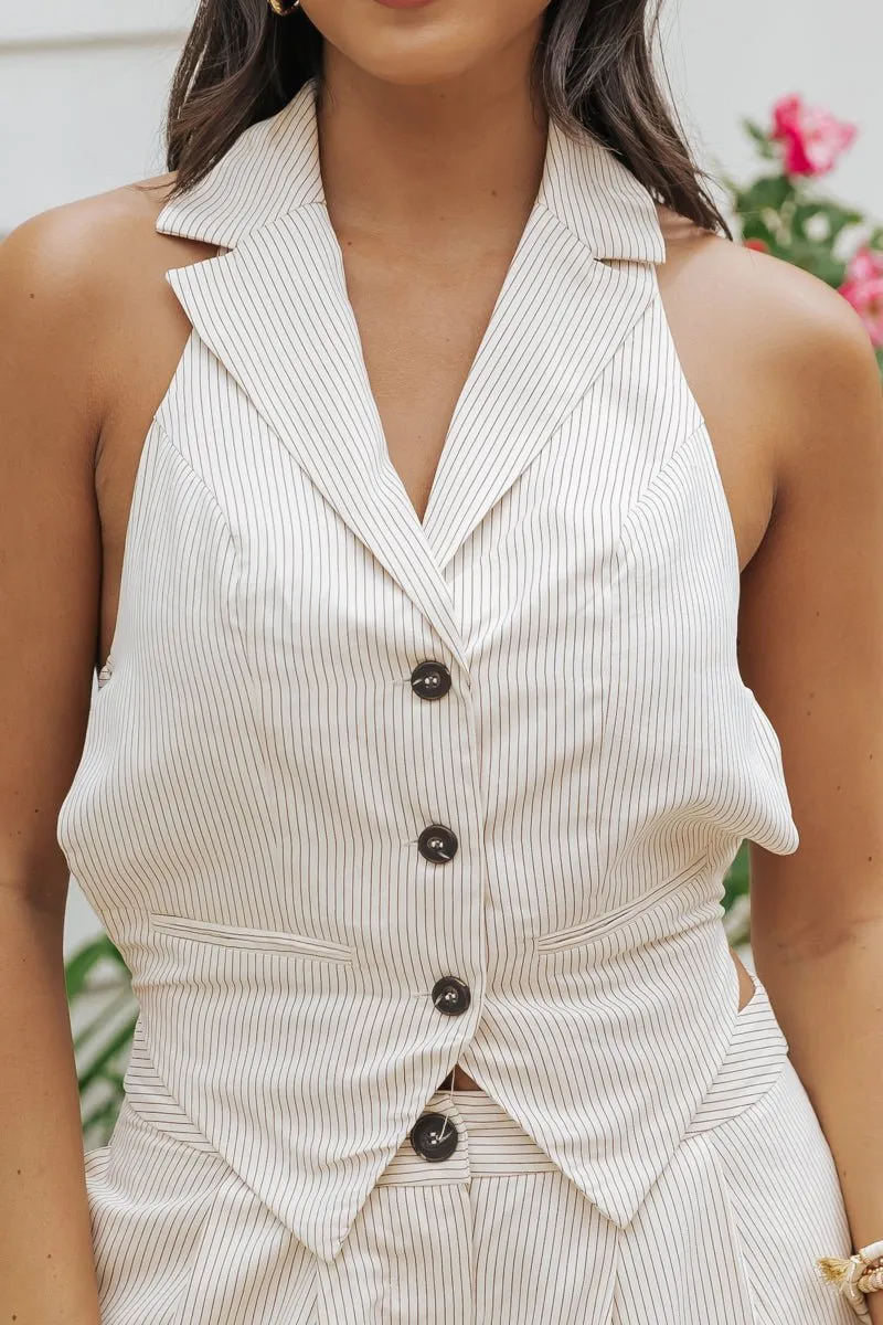 Aureum Ivory Pinstripe Collared Vest - FINAL SALE