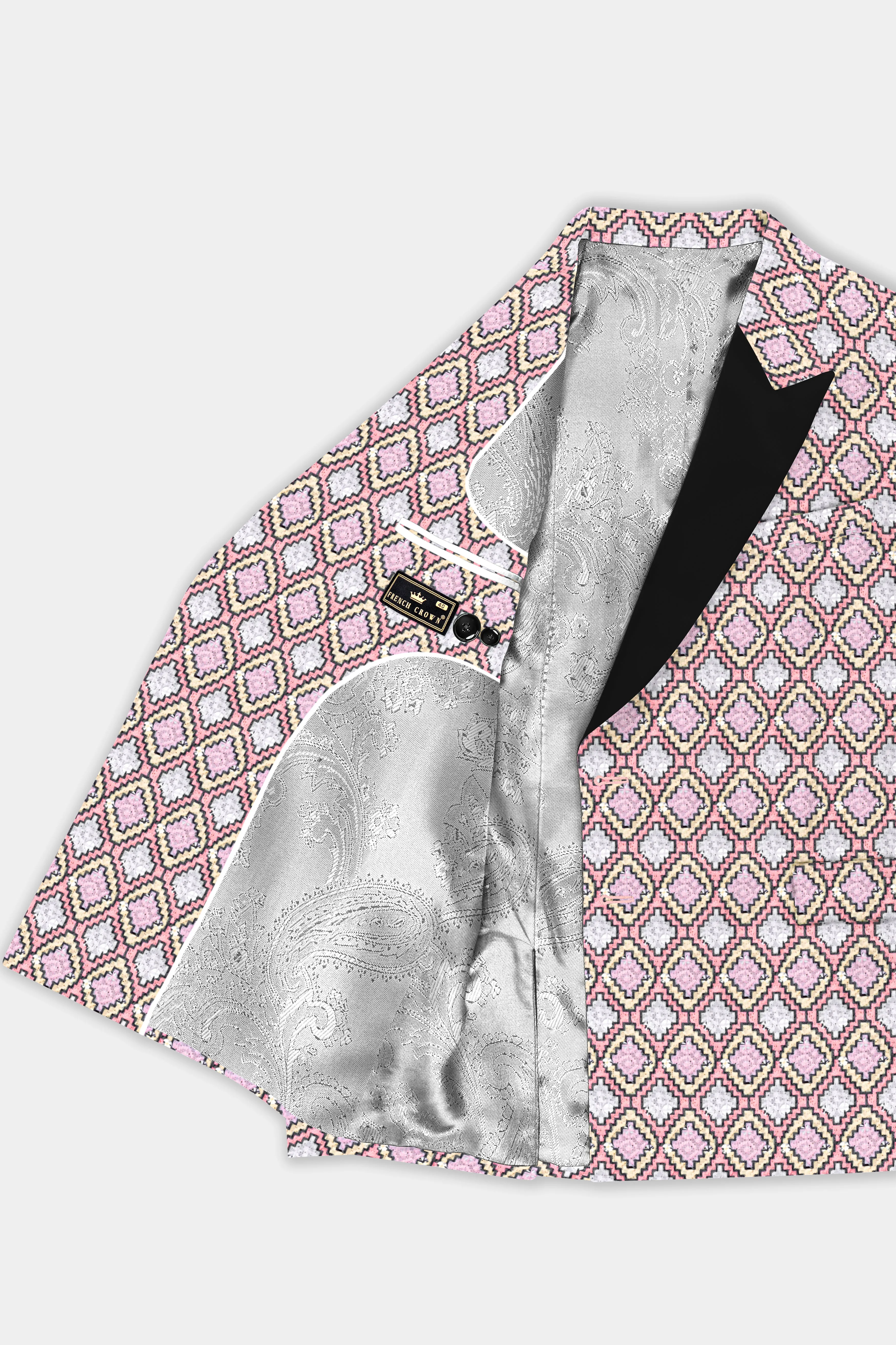 Azalea Pink And Astra Yellow MultiColour Designer Embroidered Peak Collar Tuxedo Blazer