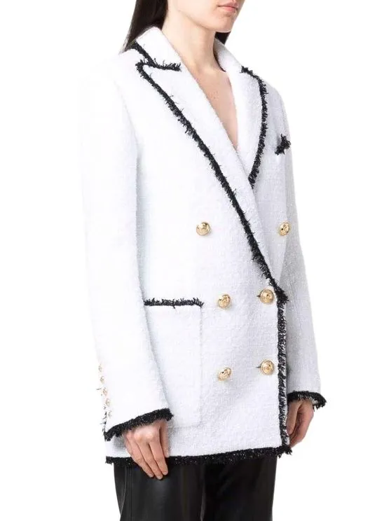 Balmain 6 Button Fringed Tweed Blazer - White/ Black