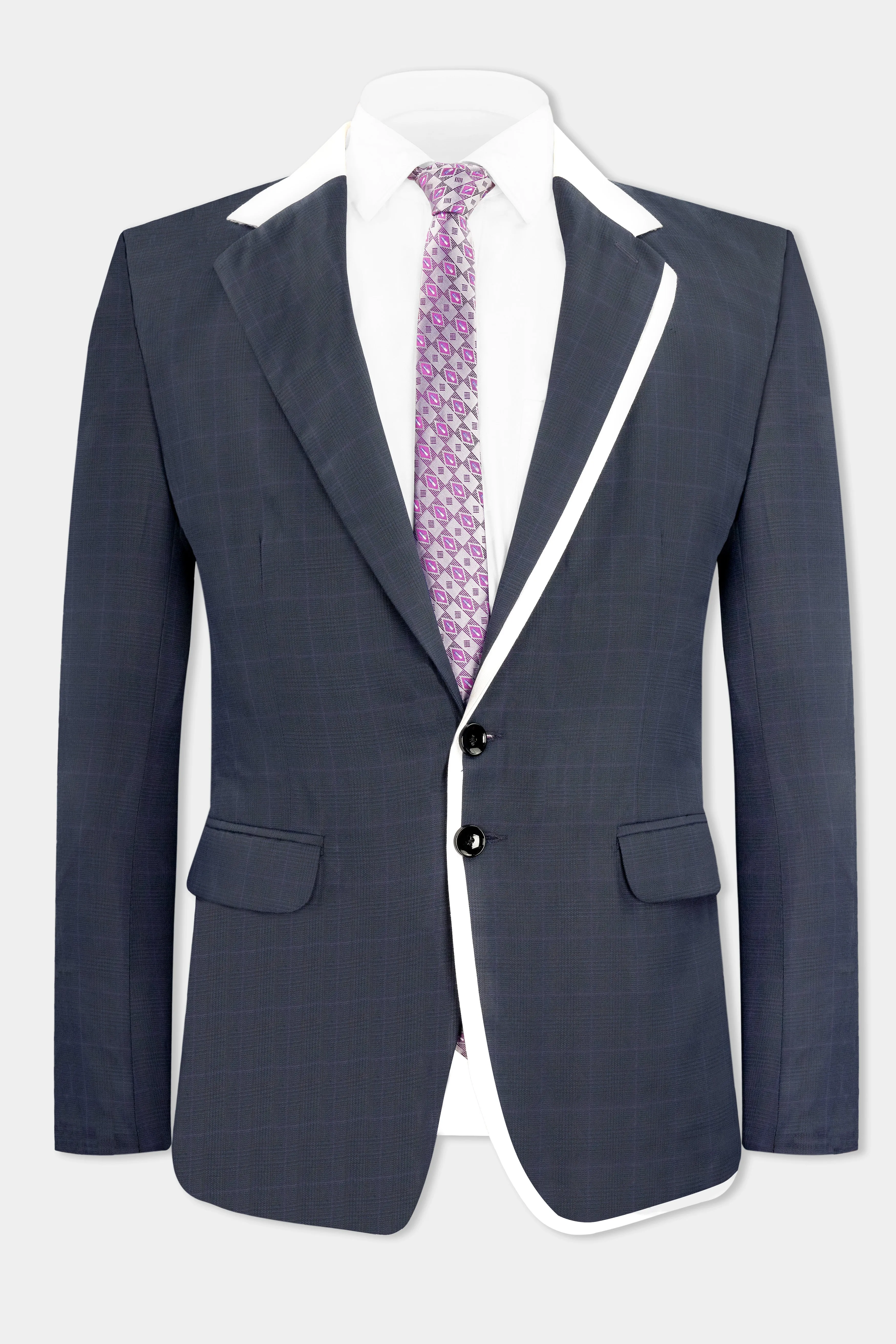 Baltic Blue with White Piping Work and Checkered Wool Rich Designer Suit