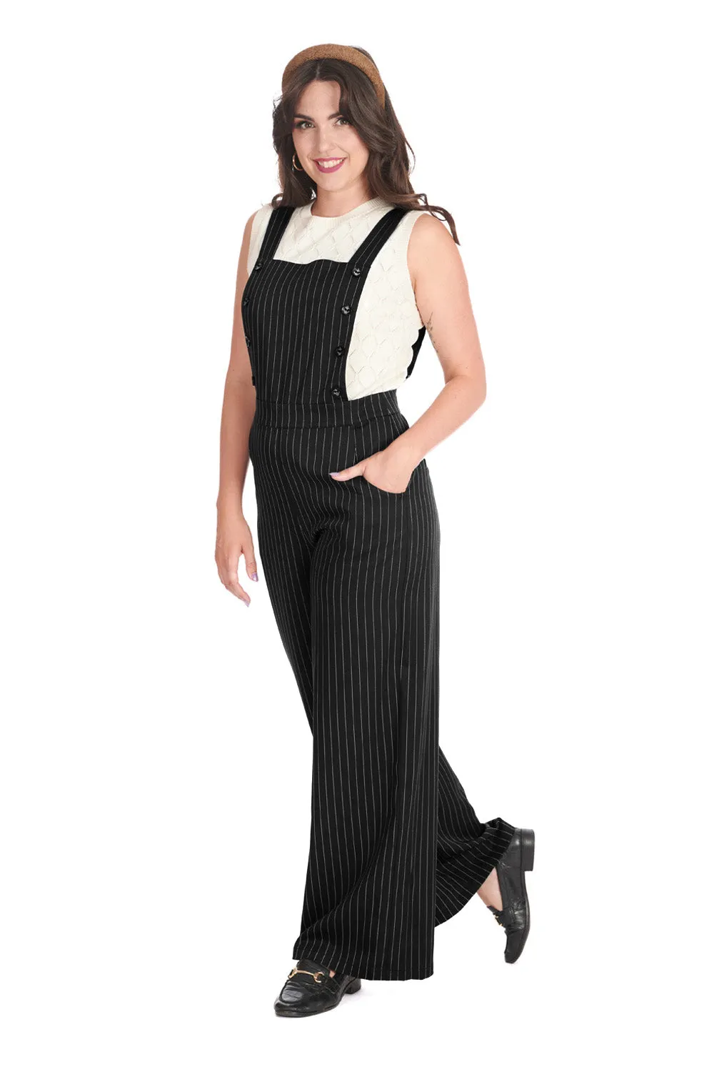 Banned Retro Stripe and Sail Black Pinstripe Dungaree Overalls