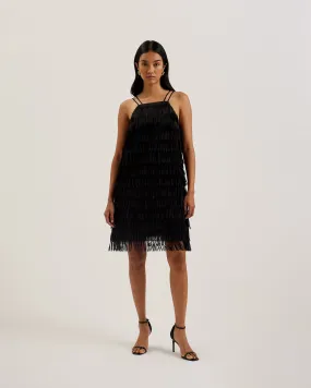 Bartin Fringe Halter Neck Mini Dress Black