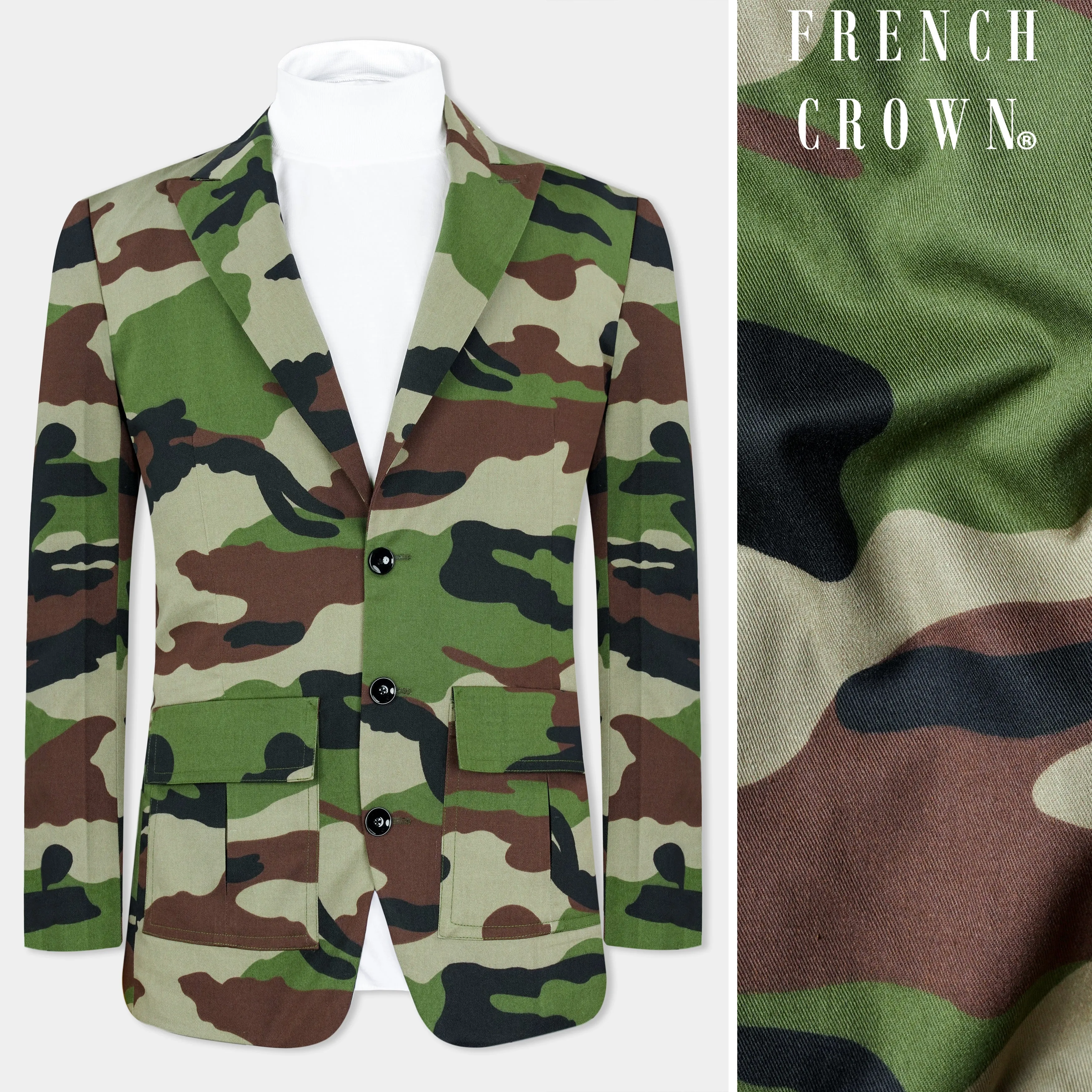 Beaver Brown and Finch Green Camouflage Premium Cotton Designer Blazer