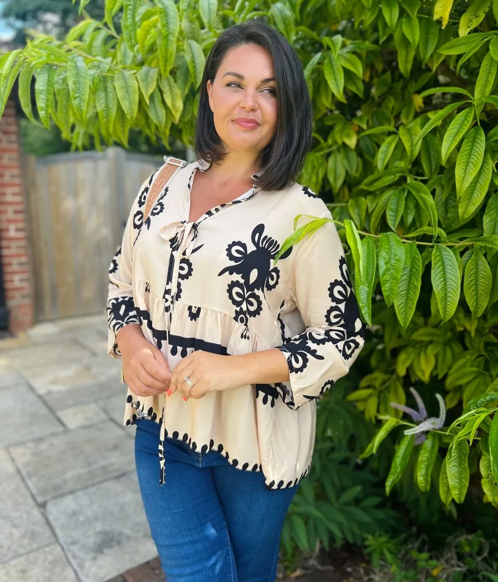 Beige Tribal Smock Blouse