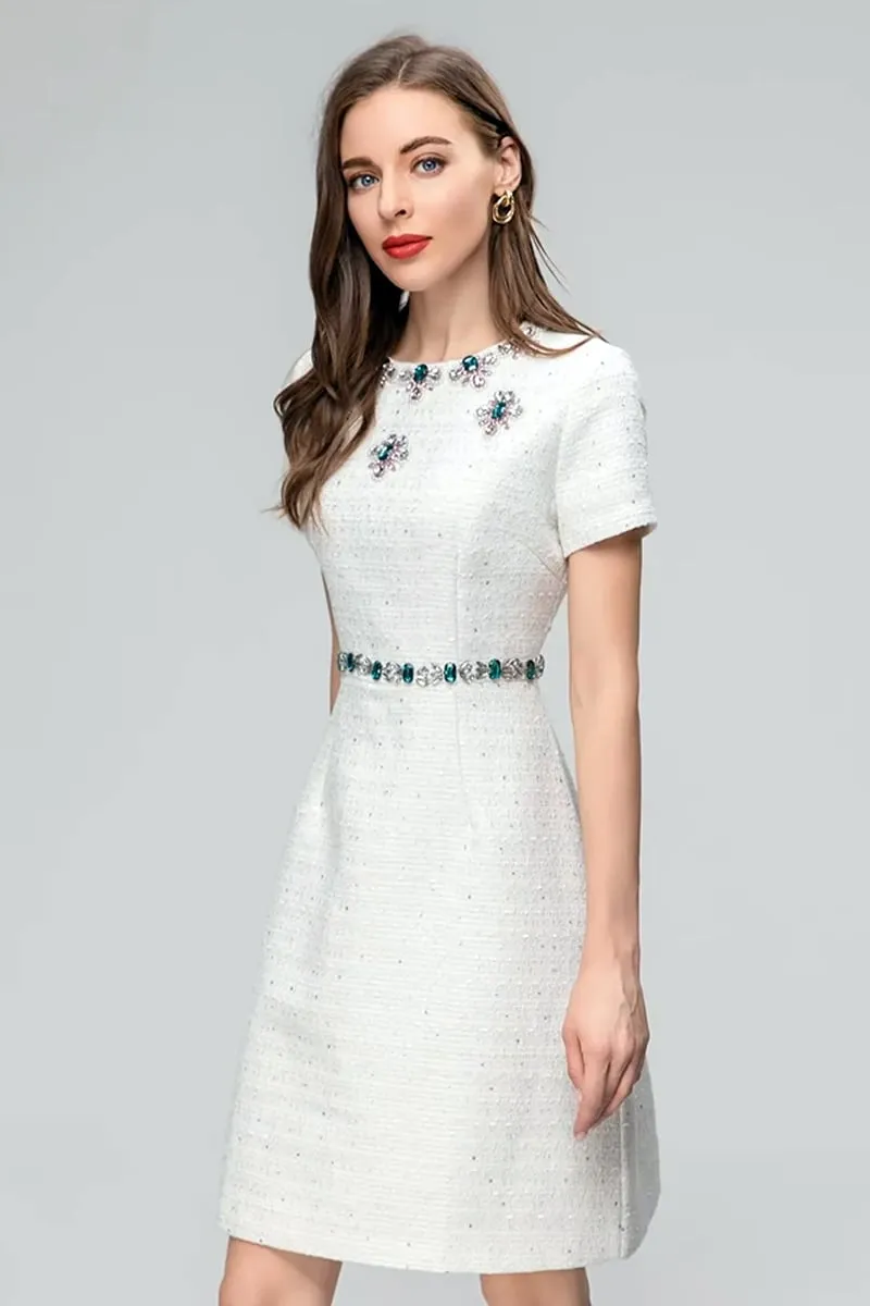 Bela White Graceful Jewel-Embellished Mini Dress