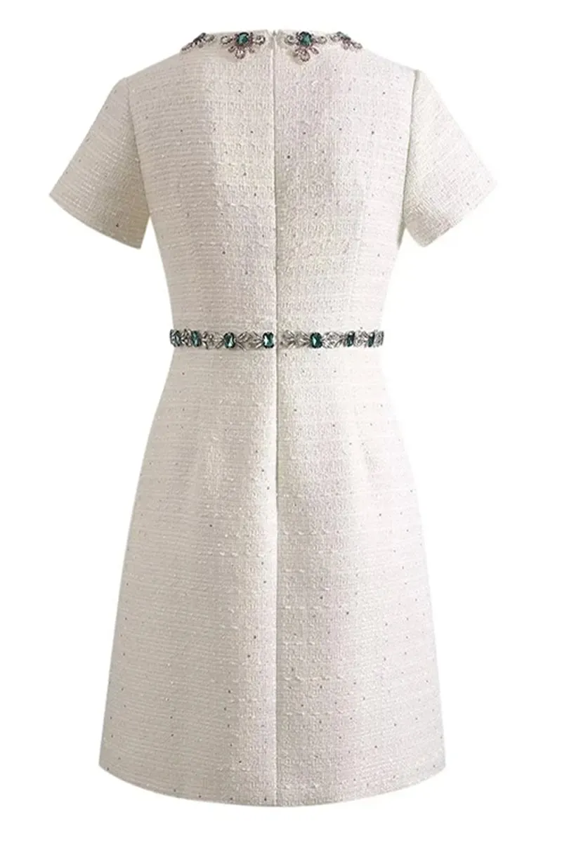 Bela White Graceful Jewel-Embellished Mini Dress