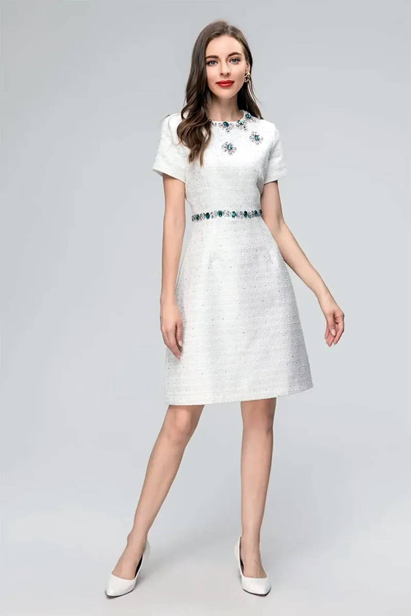 Bela White Graceful Jewel-Embellished Mini Dress