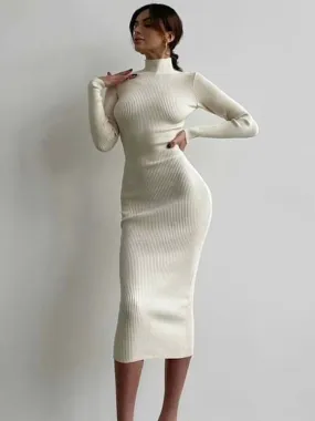 BerriesJam - 2024 Turtleneck Knitted Solid Long Sleeve Sweater Dress