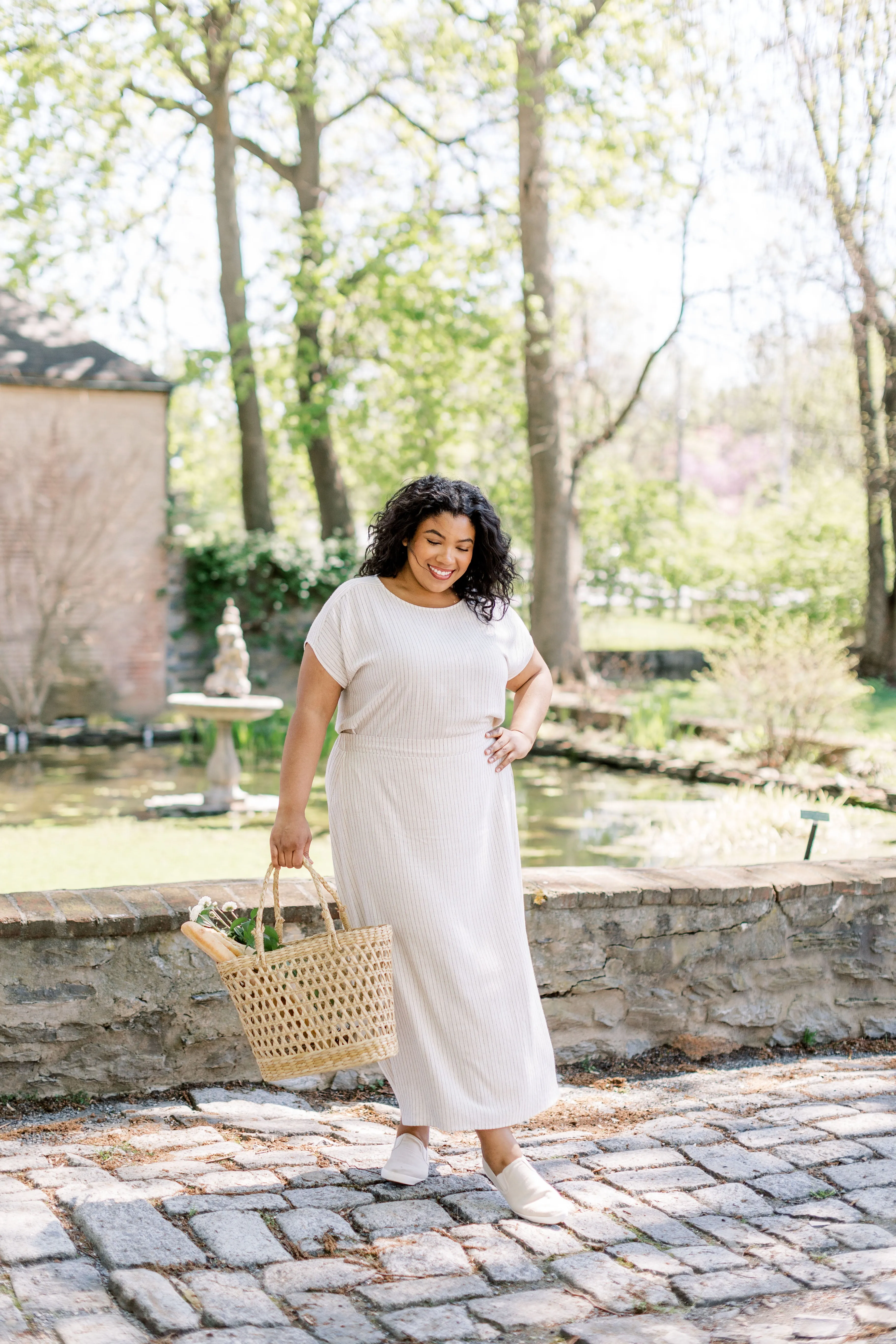 'Beth' Linen Blend Pinstripe Midi Skirt