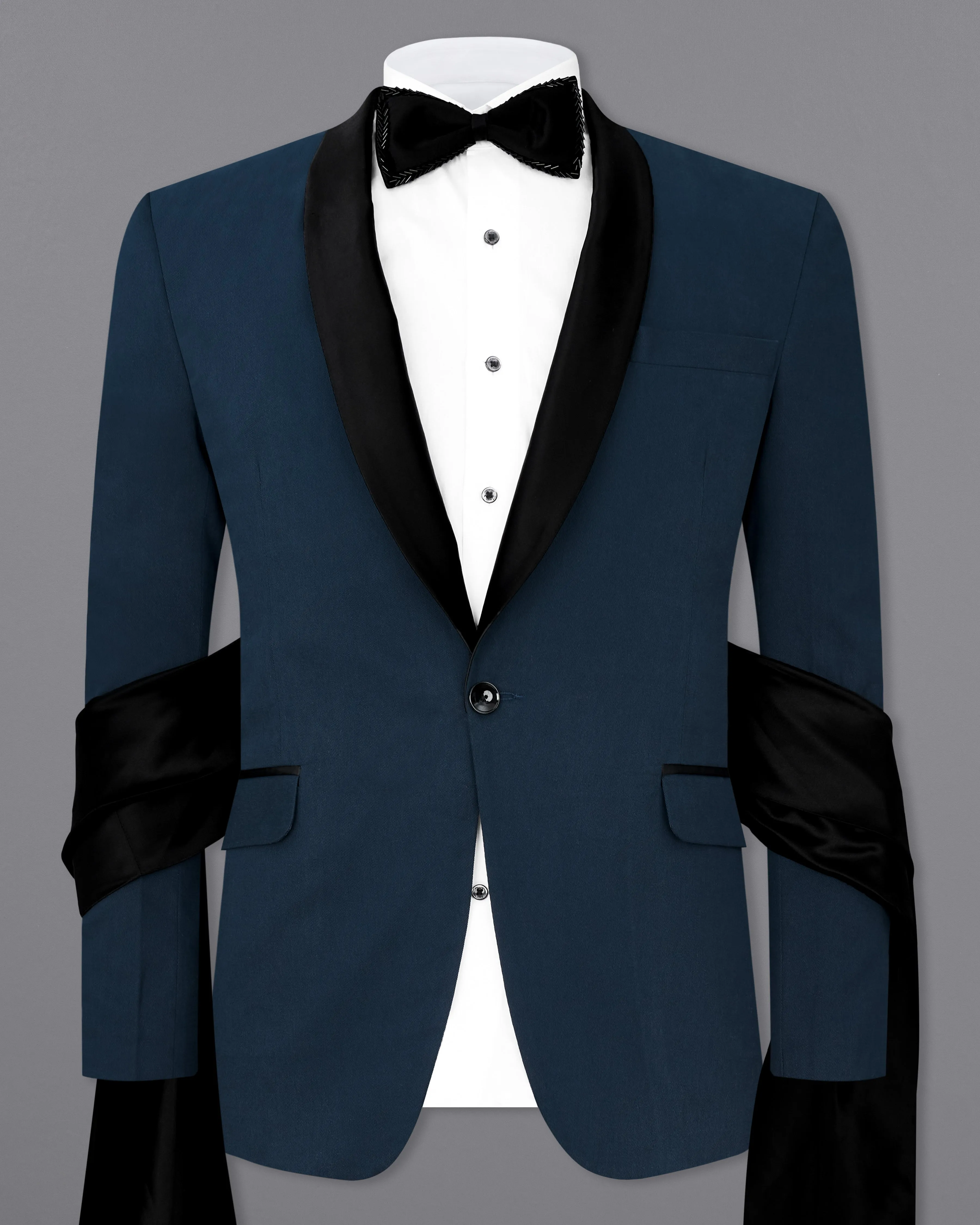 Big Stone Blue Premium Cotton Designer Tuxedo Blazer with Shawl