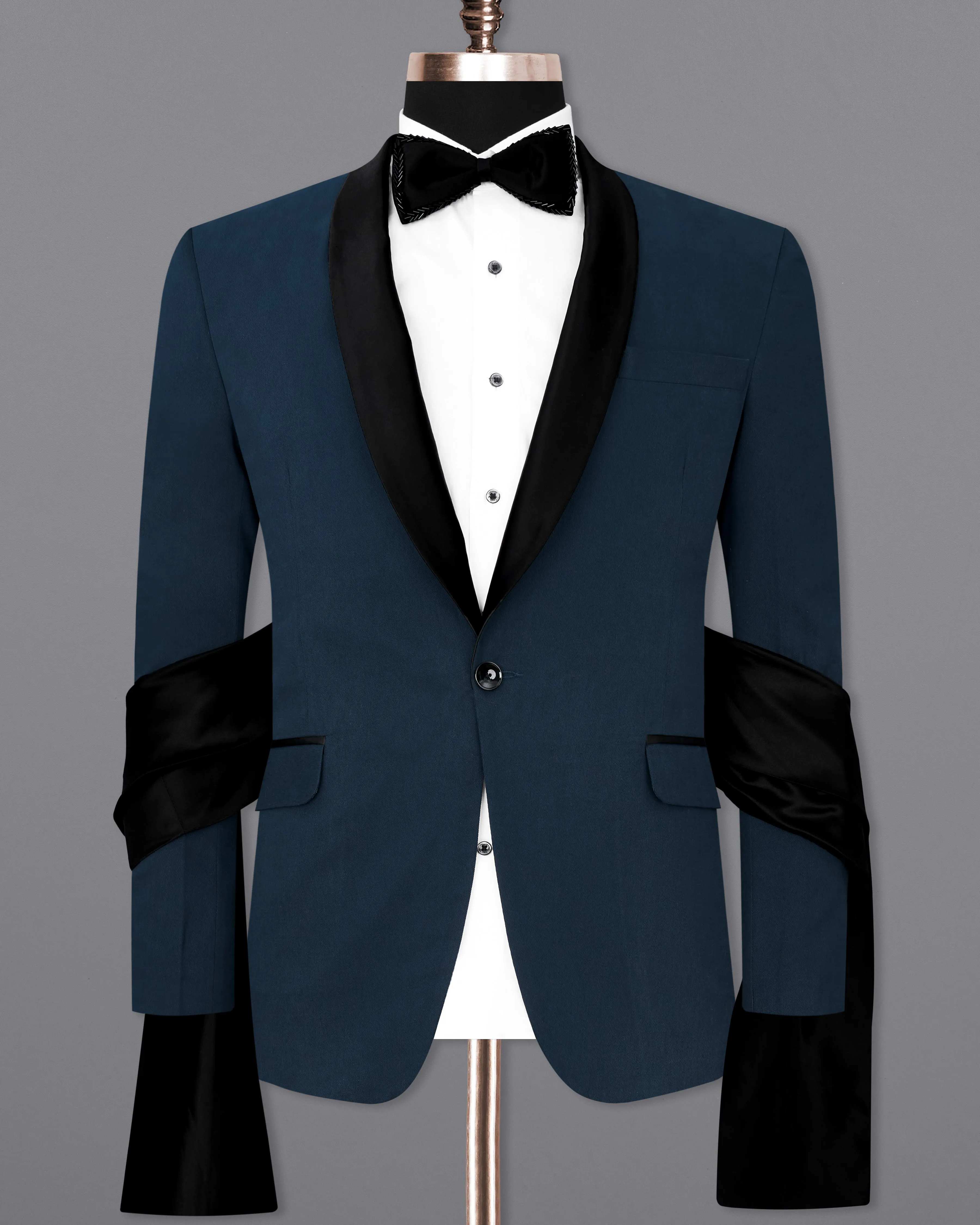 Big Stone Blue Premium Cotton Designer Tuxedo Blazer with Shawl