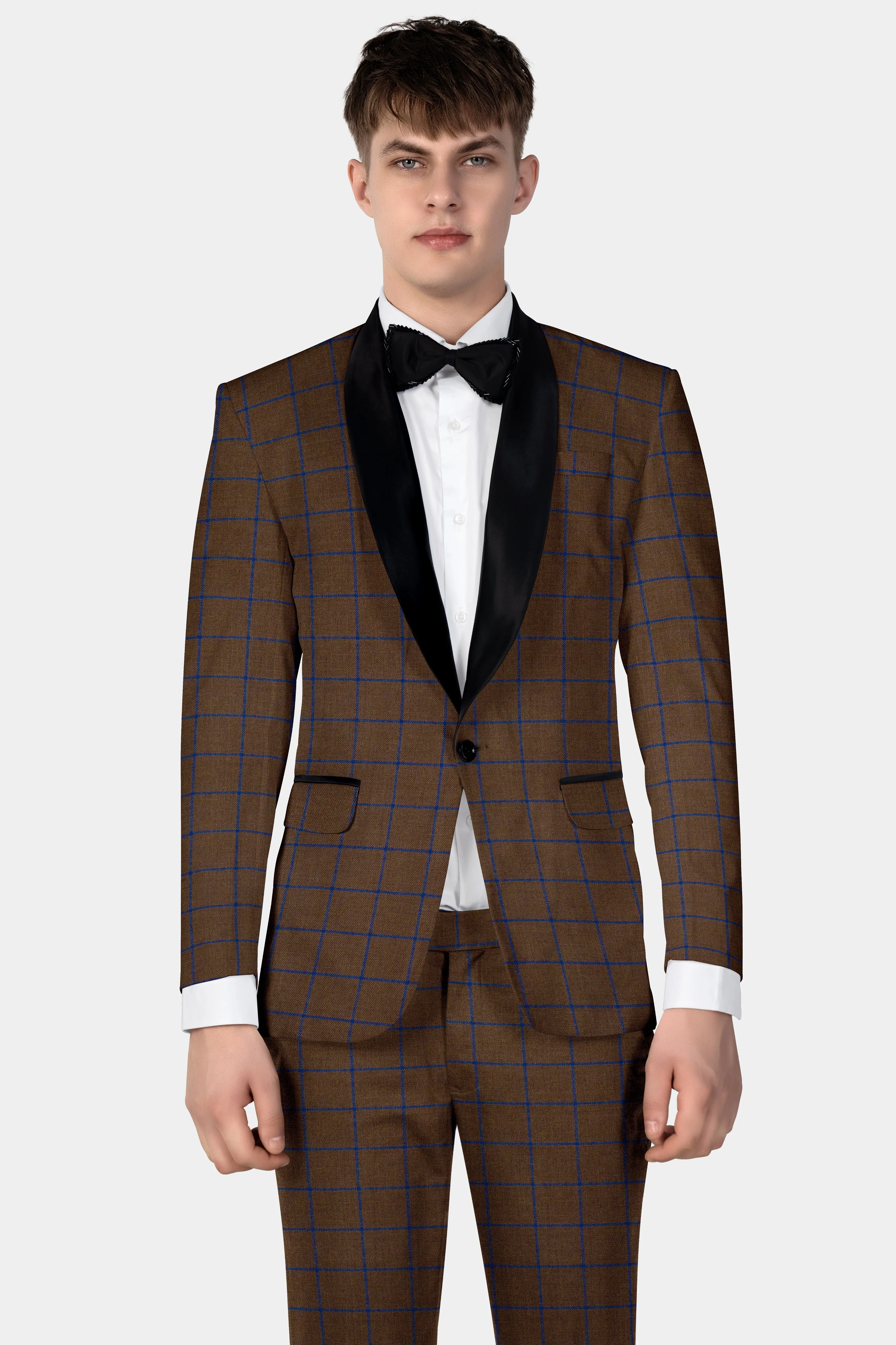 Bistre Brown with Catalina Blue Windowpane Tuxedo Tweed Suit