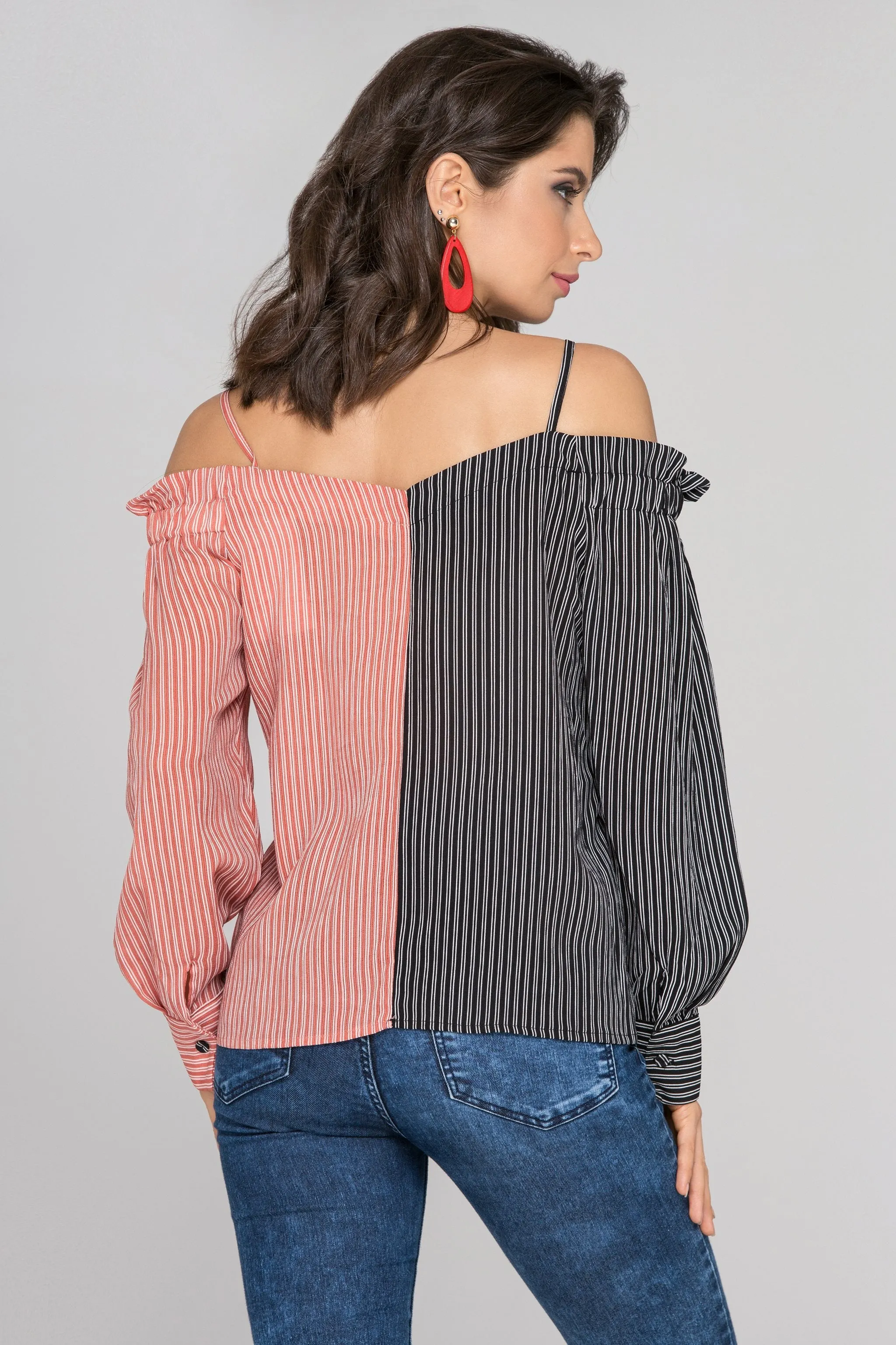 Black and Red Contrast Cold Shoulder Top