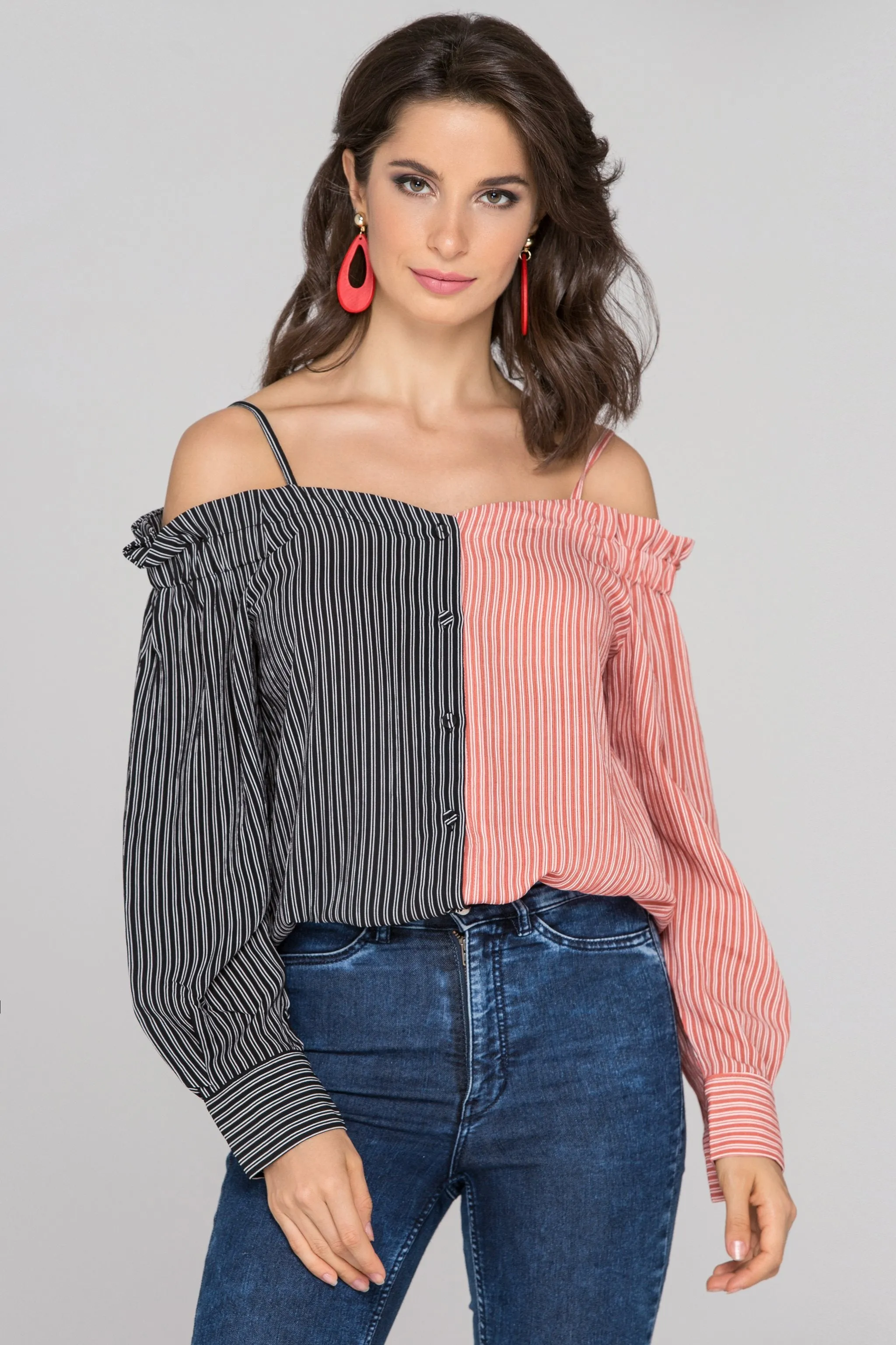 Black and Red Contrast Cold Shoulder Top