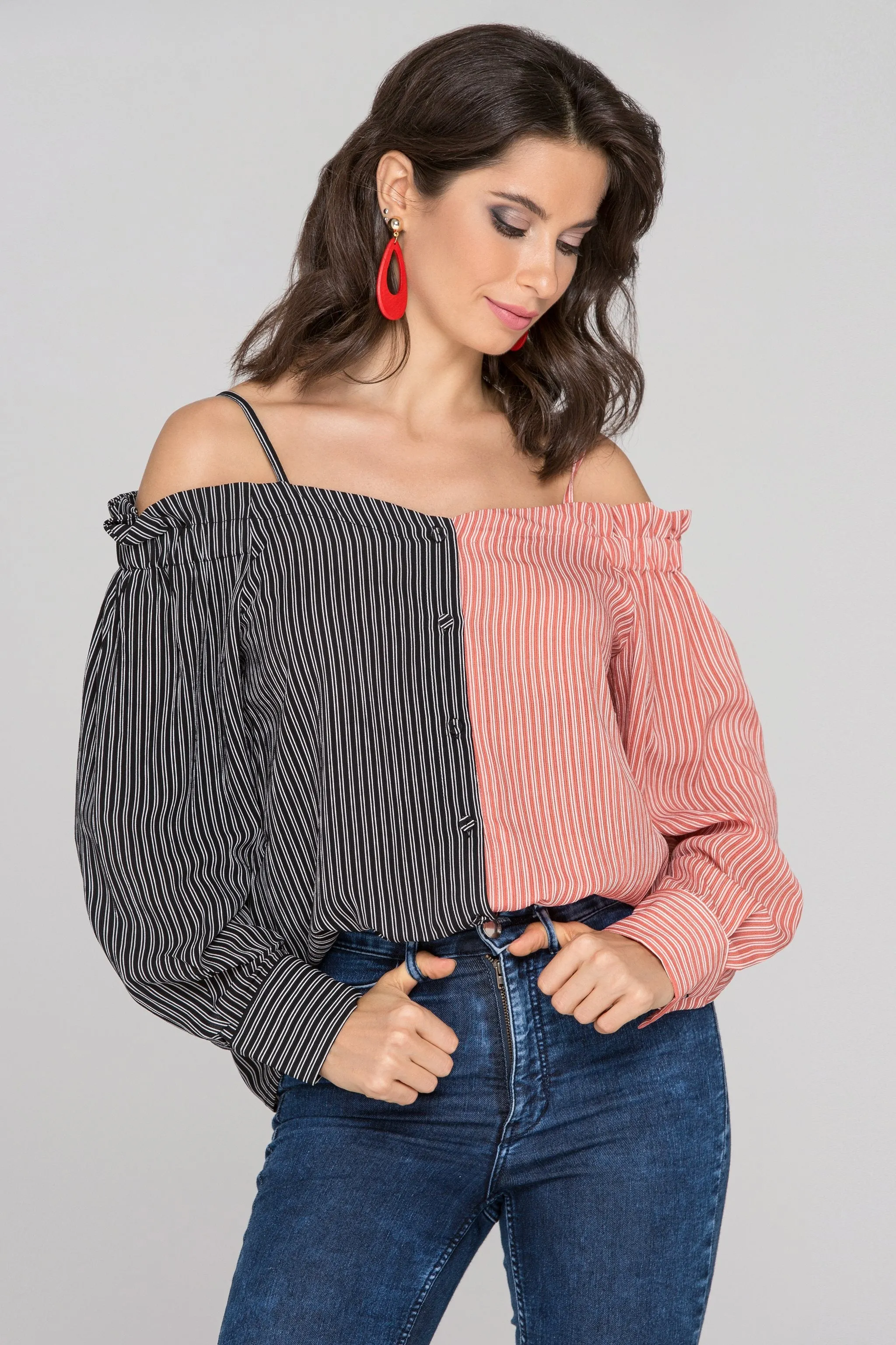 Black and Red Contrast Cold Shoulder Top