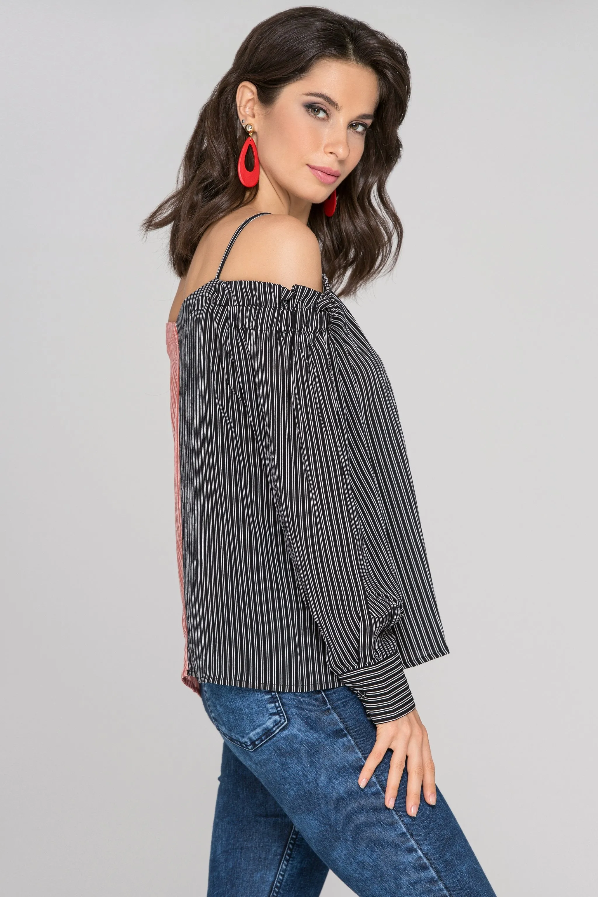 Black and Red Contrast Cold Shoulder Top