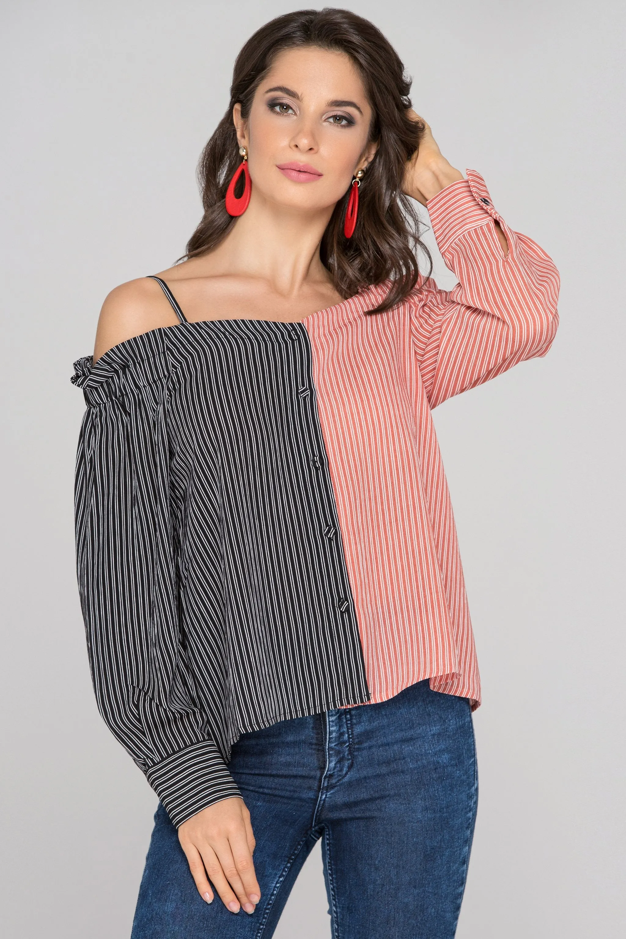 Black and Red Contrast Cold Shoulder Top