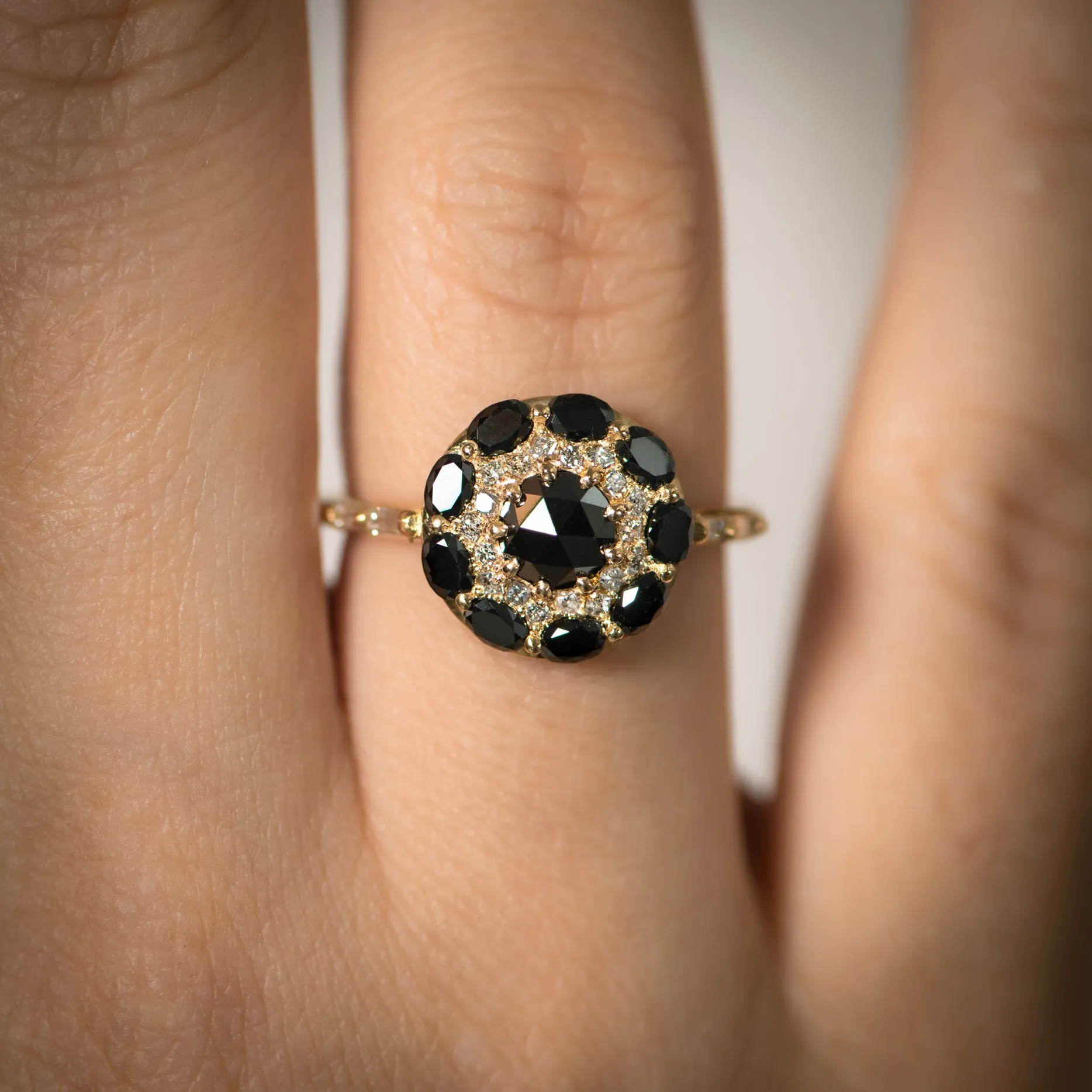 Black Diamond Mandala Engagement Ring - With Baguette Diamond Band