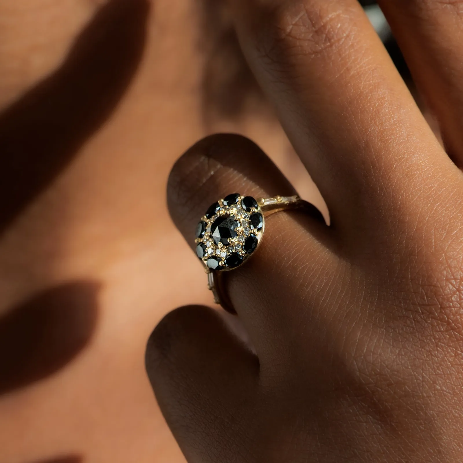 Black Diamond Mandala Engagement Ring - With Baguette Diamond Band