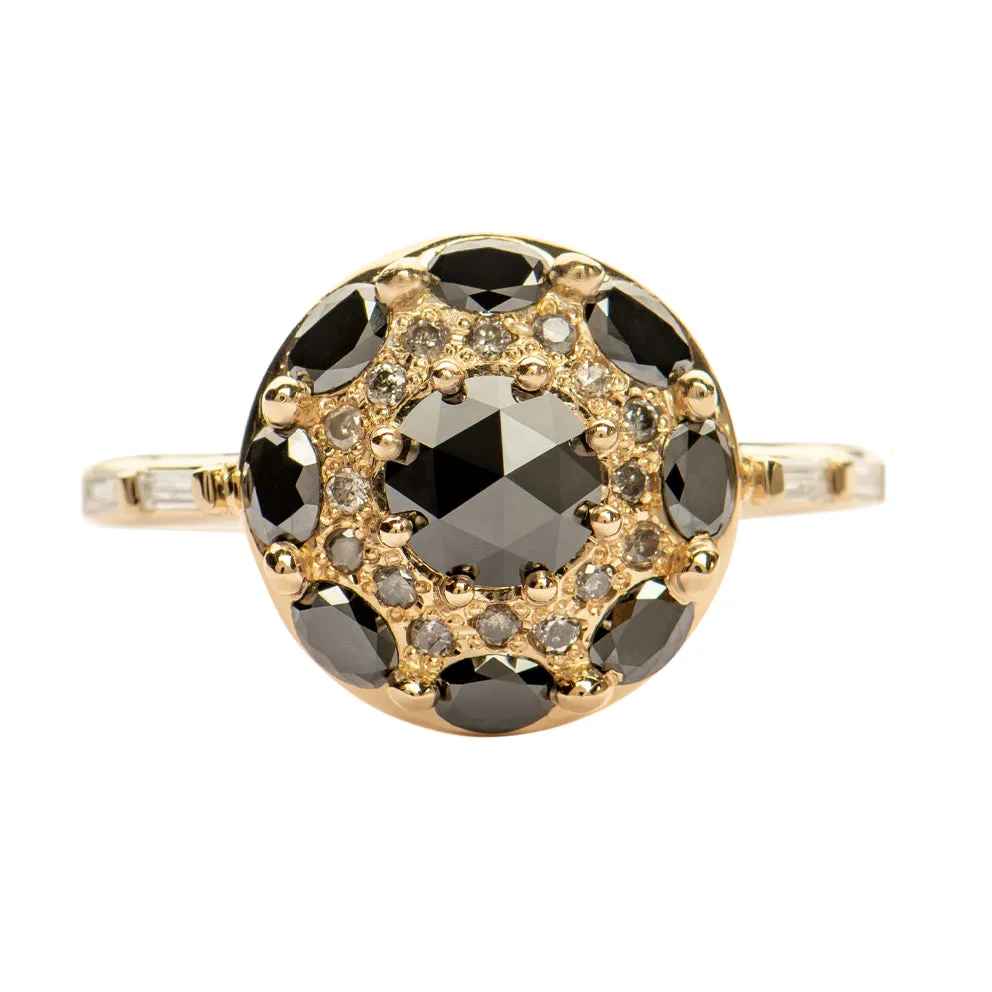 Black Diamond Mandala Engagement Ring - With Baguette Diamond Band