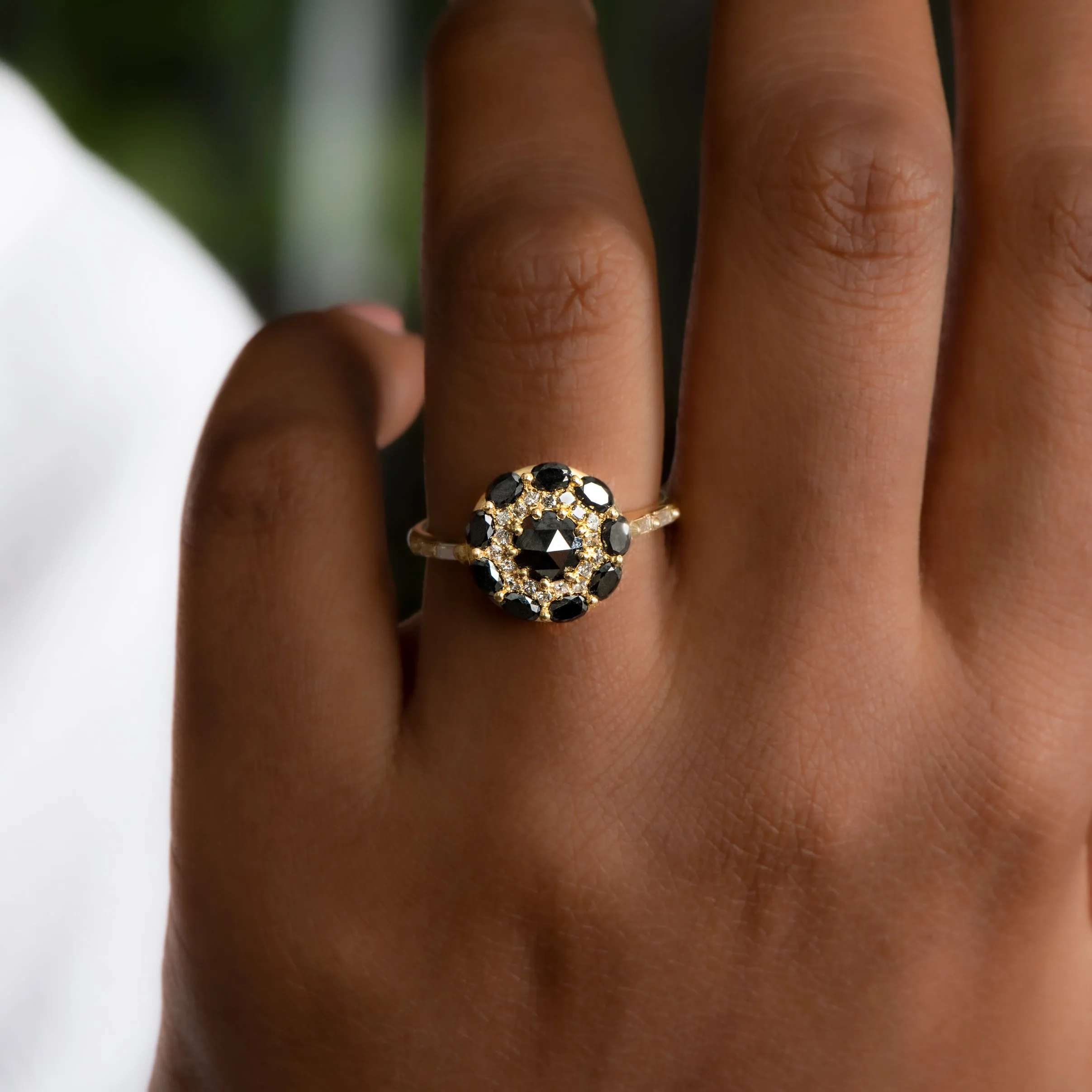 Black Diamond Mandala Engagement Ring - With Baguette Diamond Band