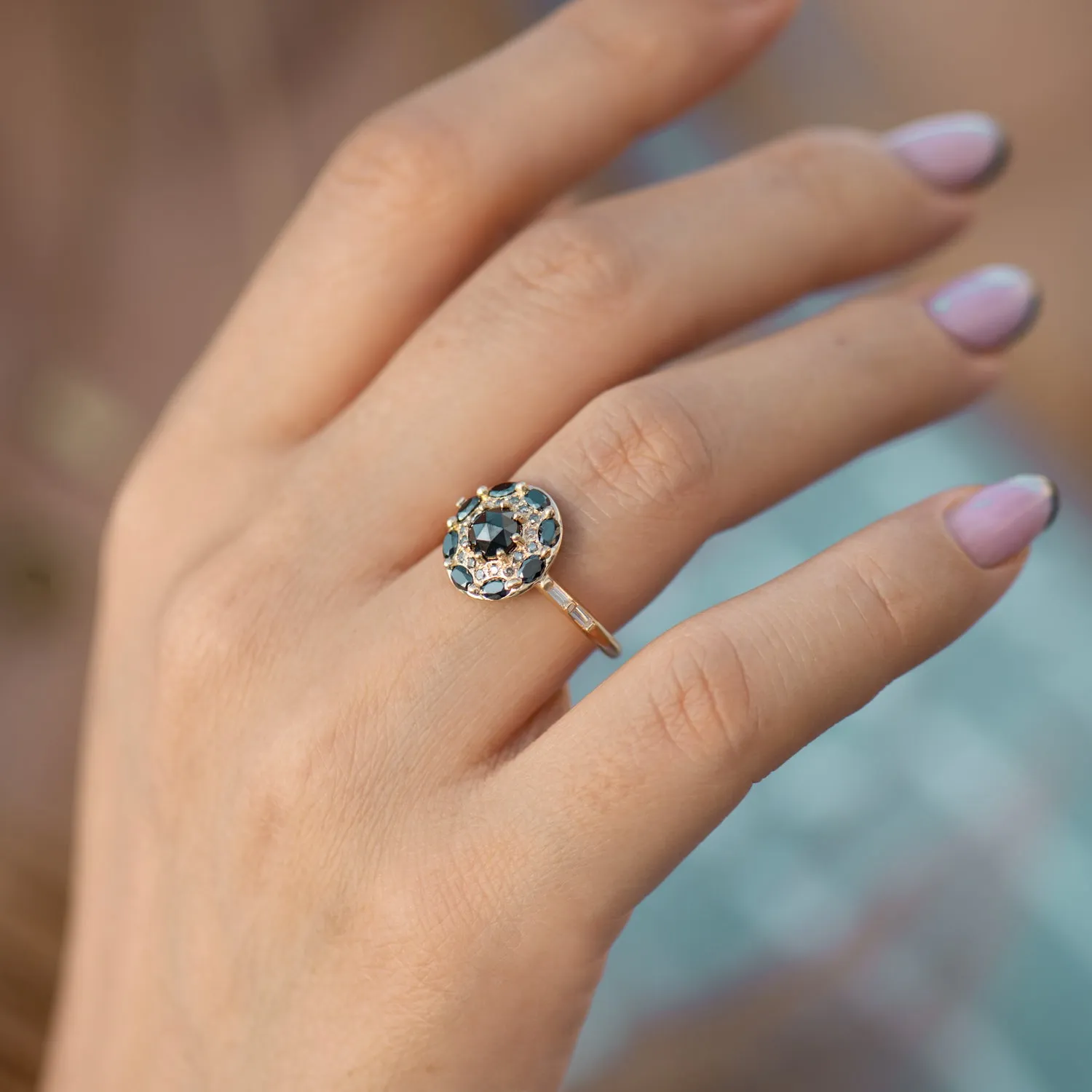 Black Diamond Mandala Engagement Ring - With Baguette Diamond Band