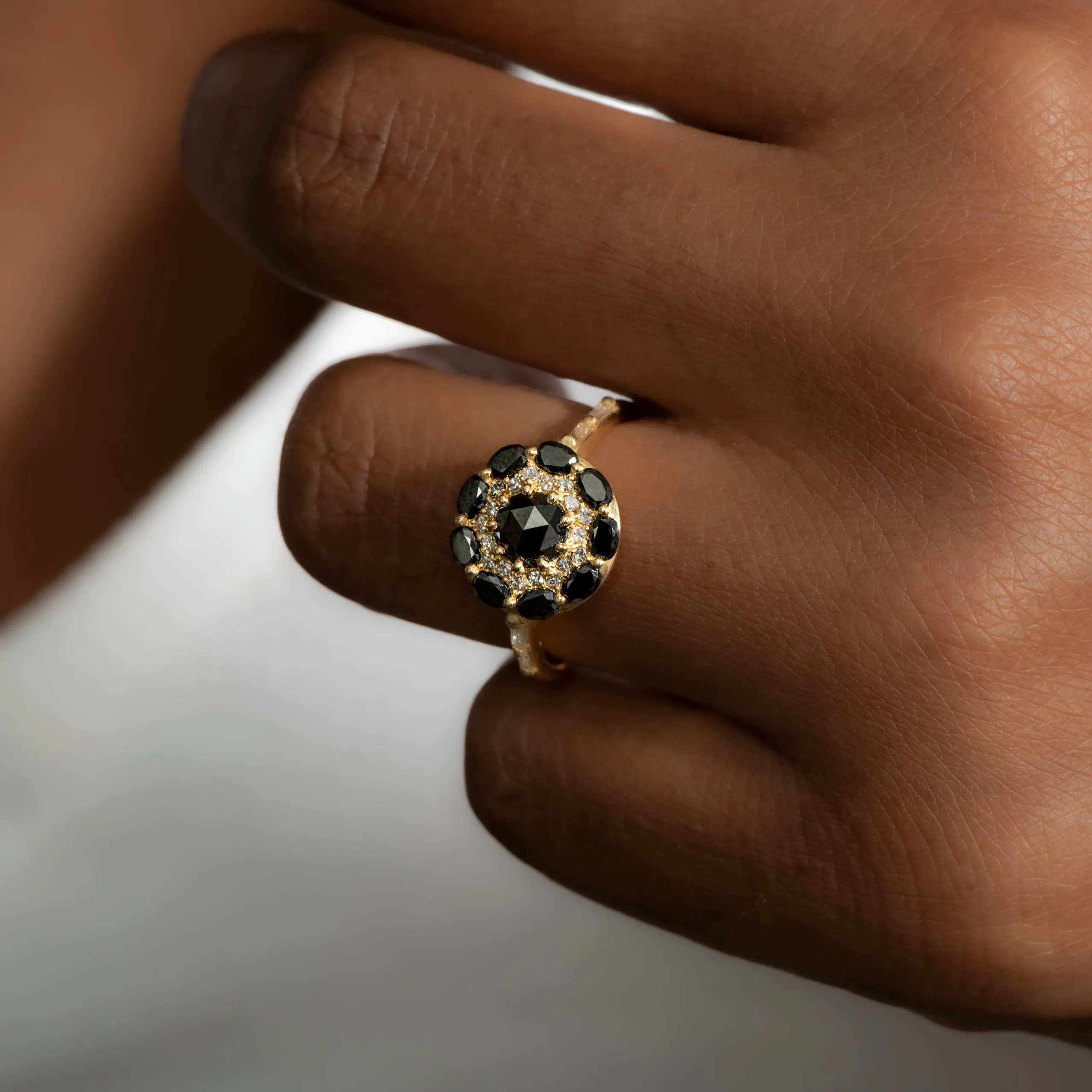 Black Diamond Mandala Engagement Ring - With Baguette Diamond Band