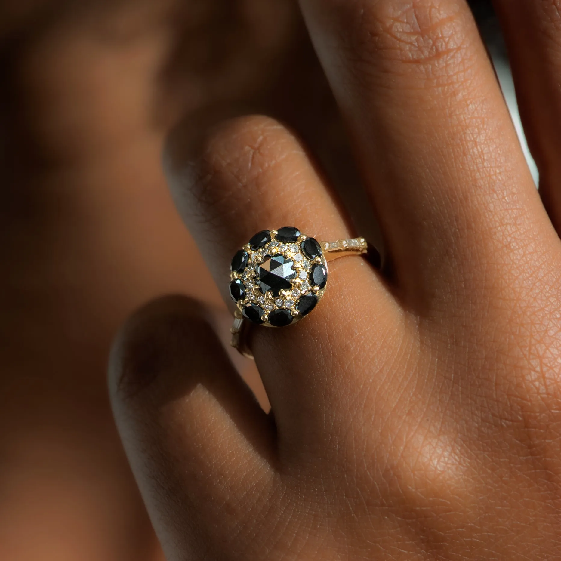 Black Diamond Mandala Engagement Ring - With Baguette Diamond Band