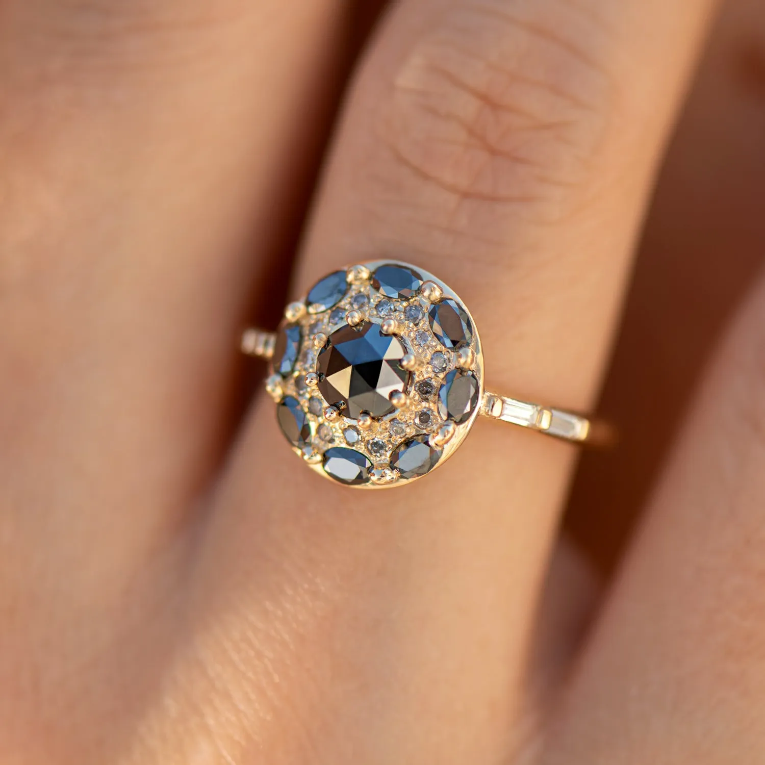 Black Diamond Mandala Engagement Ring - With Baguette Diamond Band