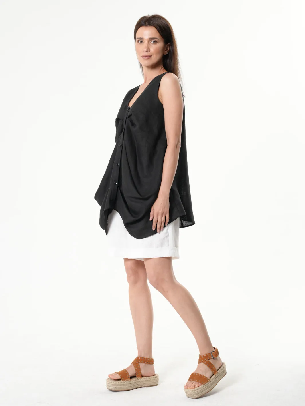 Black Linen Top With Buttons