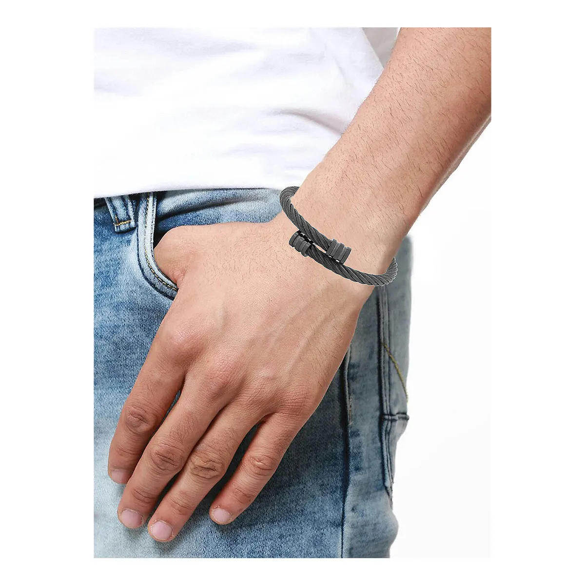 Black Rope 316L Surgical Stainless Steel Kada Bangle For Men